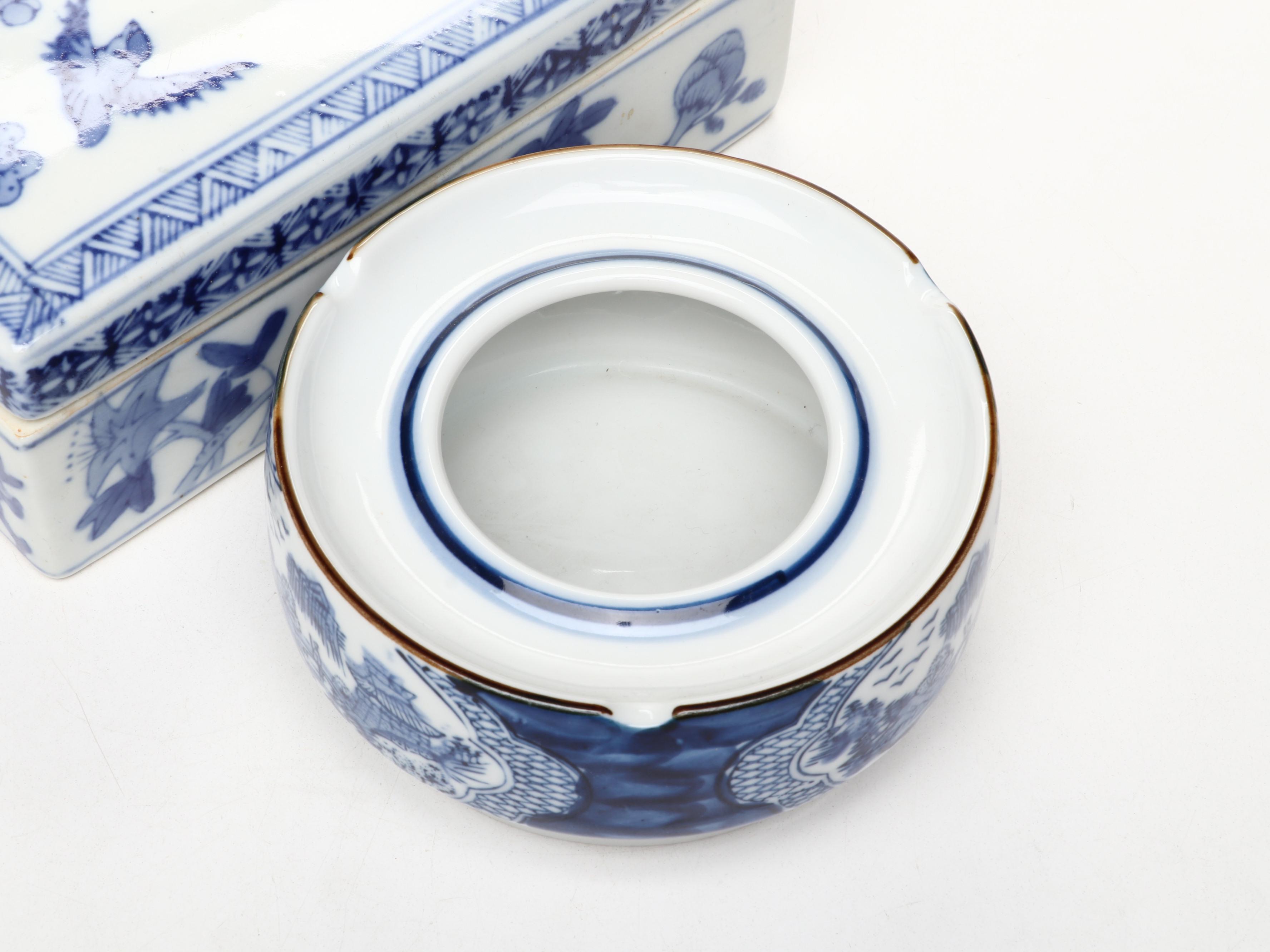 Chinese Blue and White Porcelain Planter with Ashtray and Box