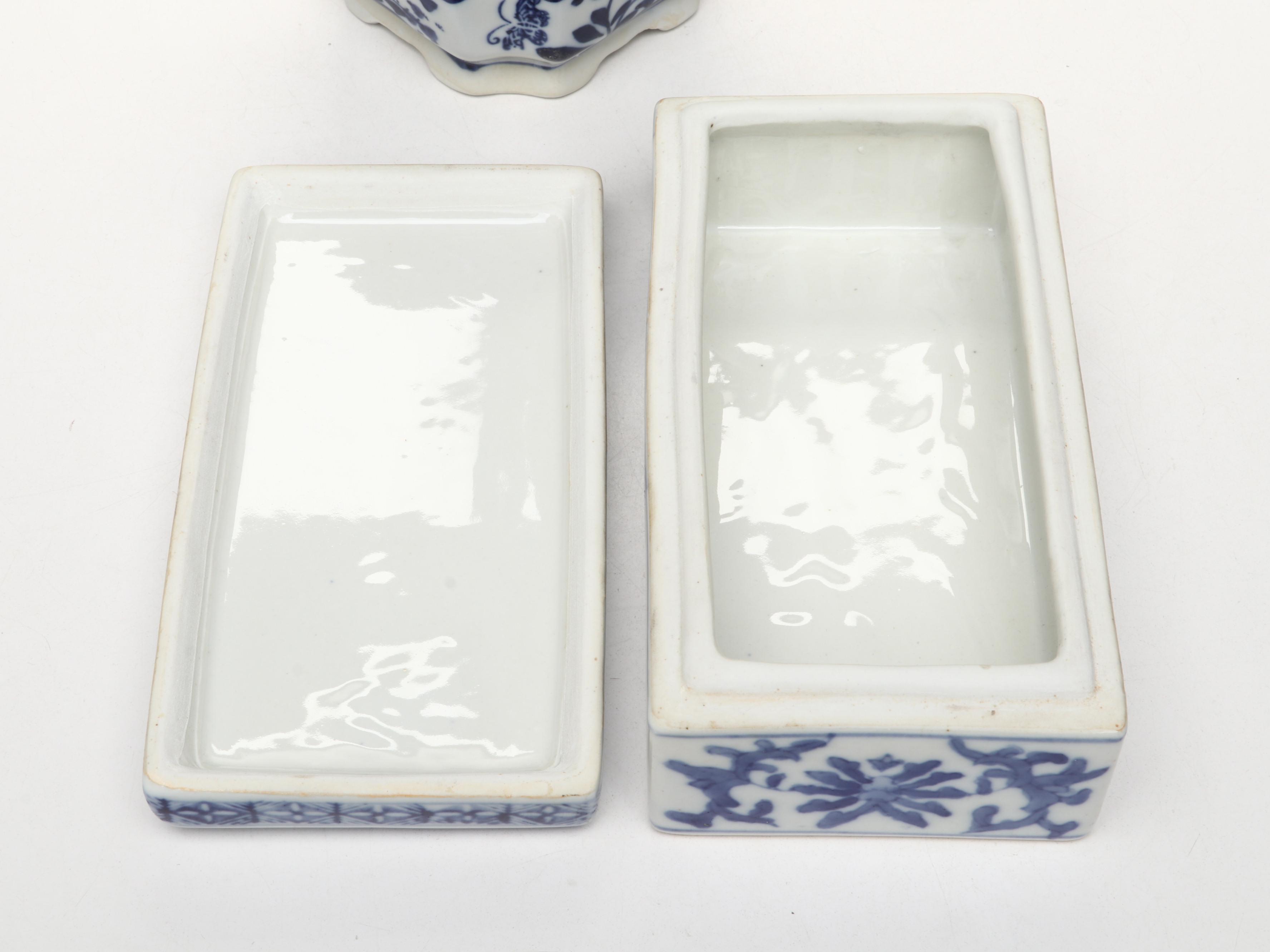 Chinese Blue and White Porcelain Planter with Ashtray and Box