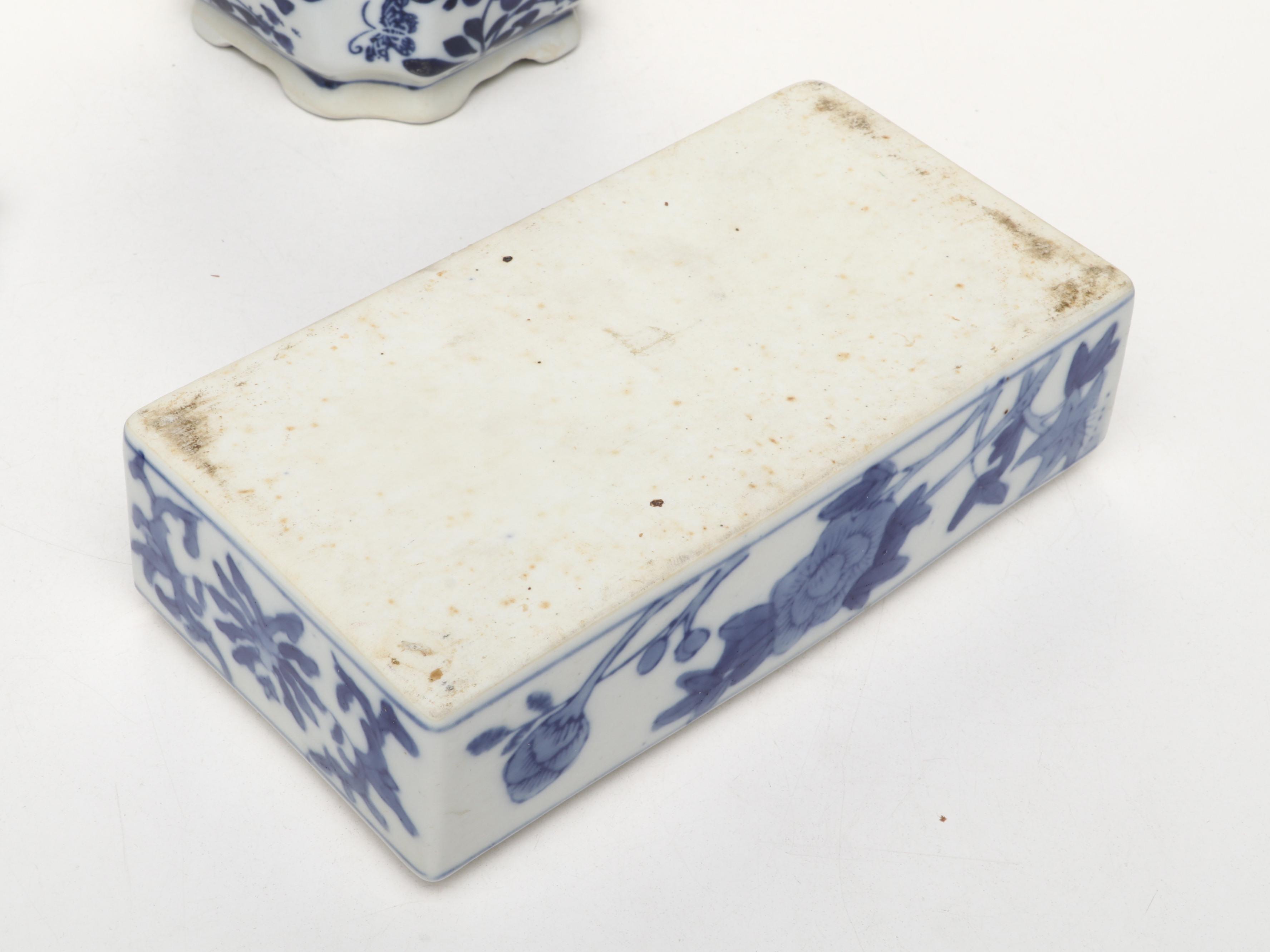 Chinese Blue and White Porcelain Planter with Ashtray and Box