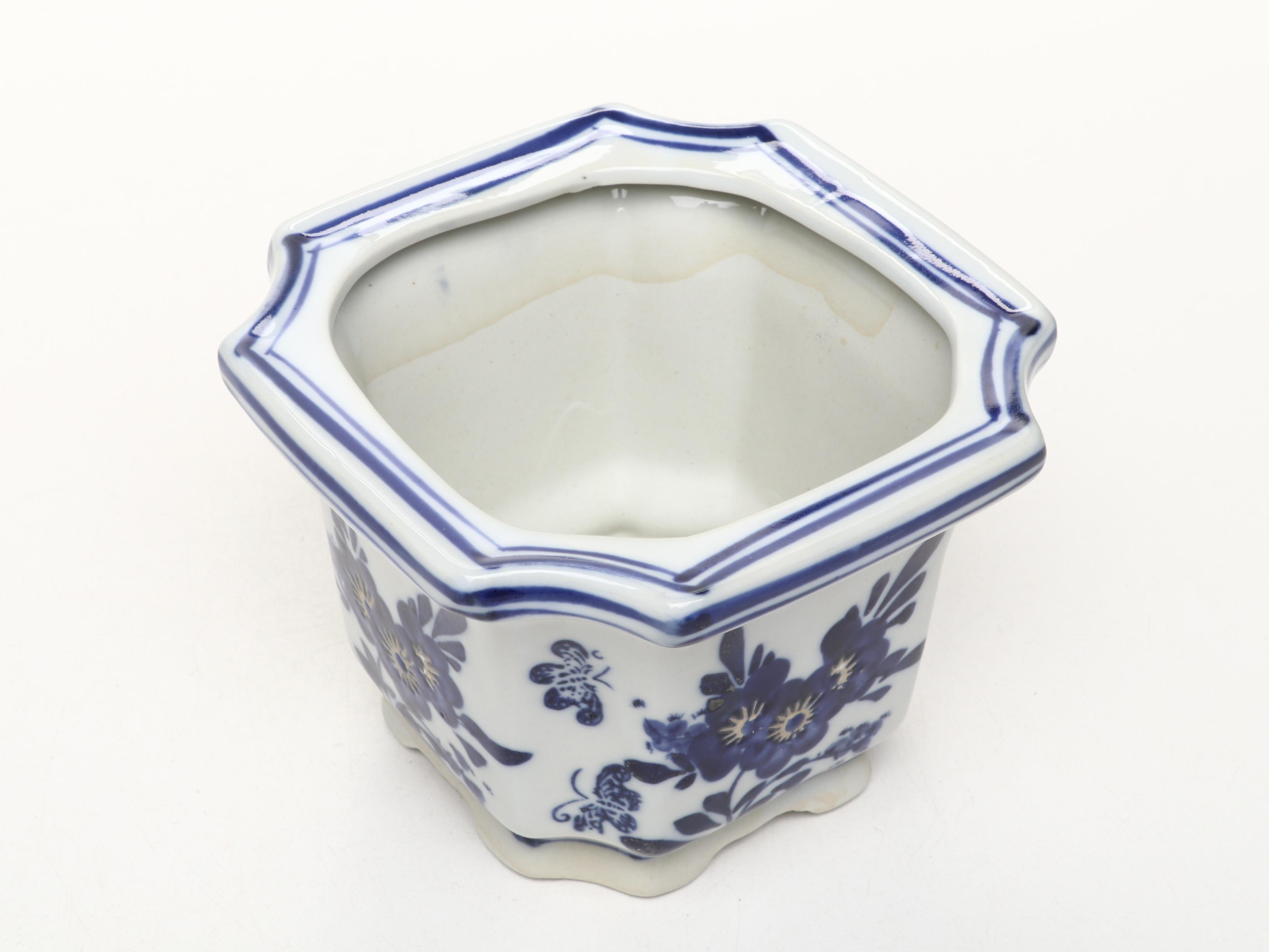 Chinese Blue and White Porcelain Planter with Ashtray and Box