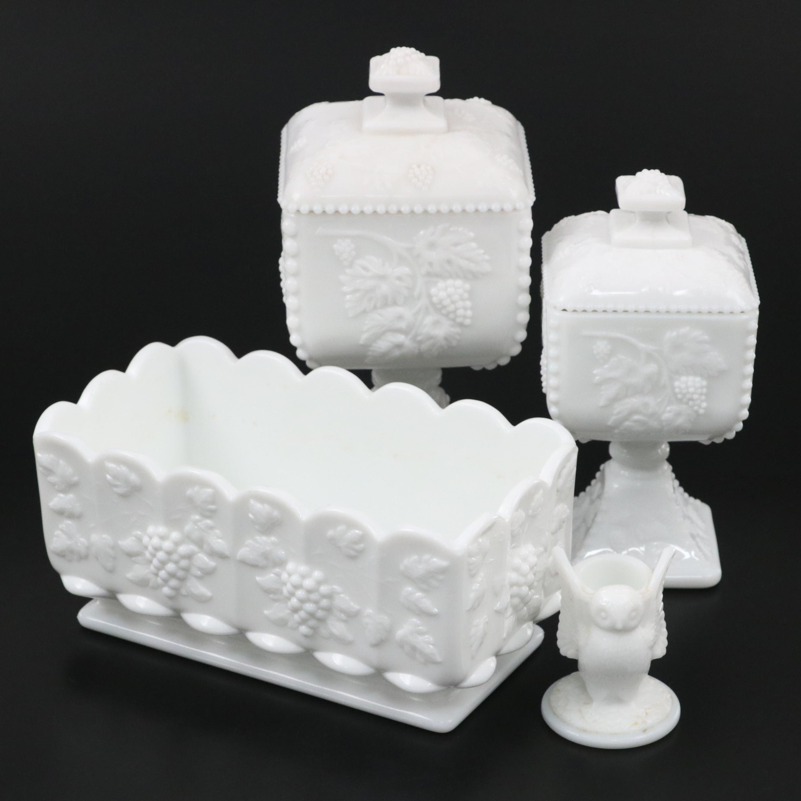 Westmoreland Glass Milk Paneled Glass Candy Dishes, Planter and Candlestick
