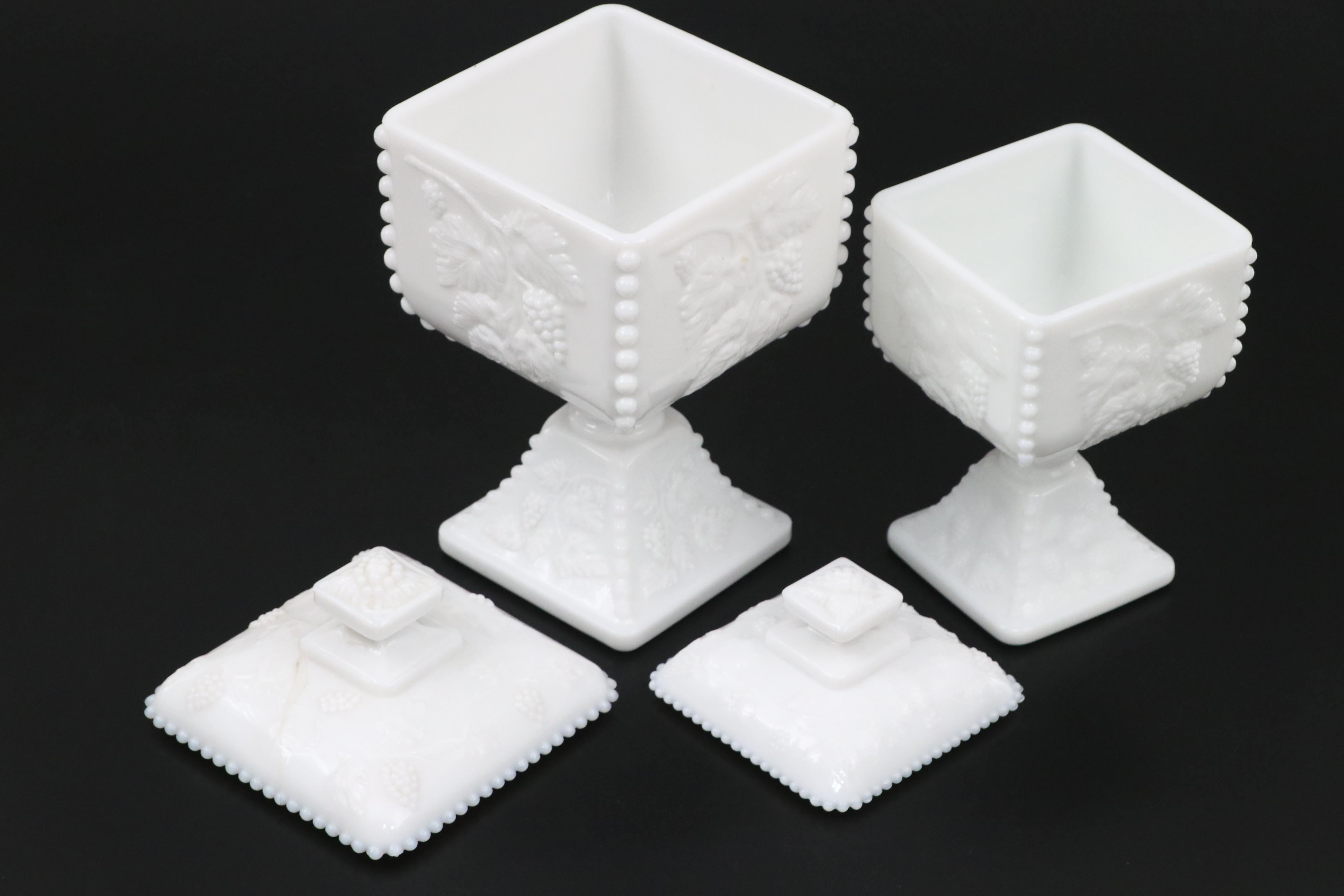 Westmoreland Glass Milk Paneled Glass Candy Dishes, Planter and Candlestick