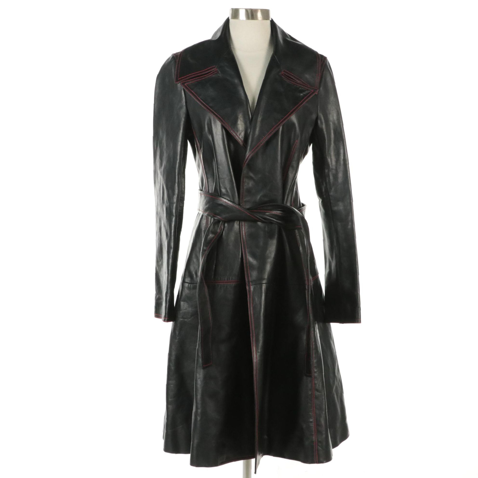 Céline Black Leather Coat with Tie Belt and Red Contrast Stitching