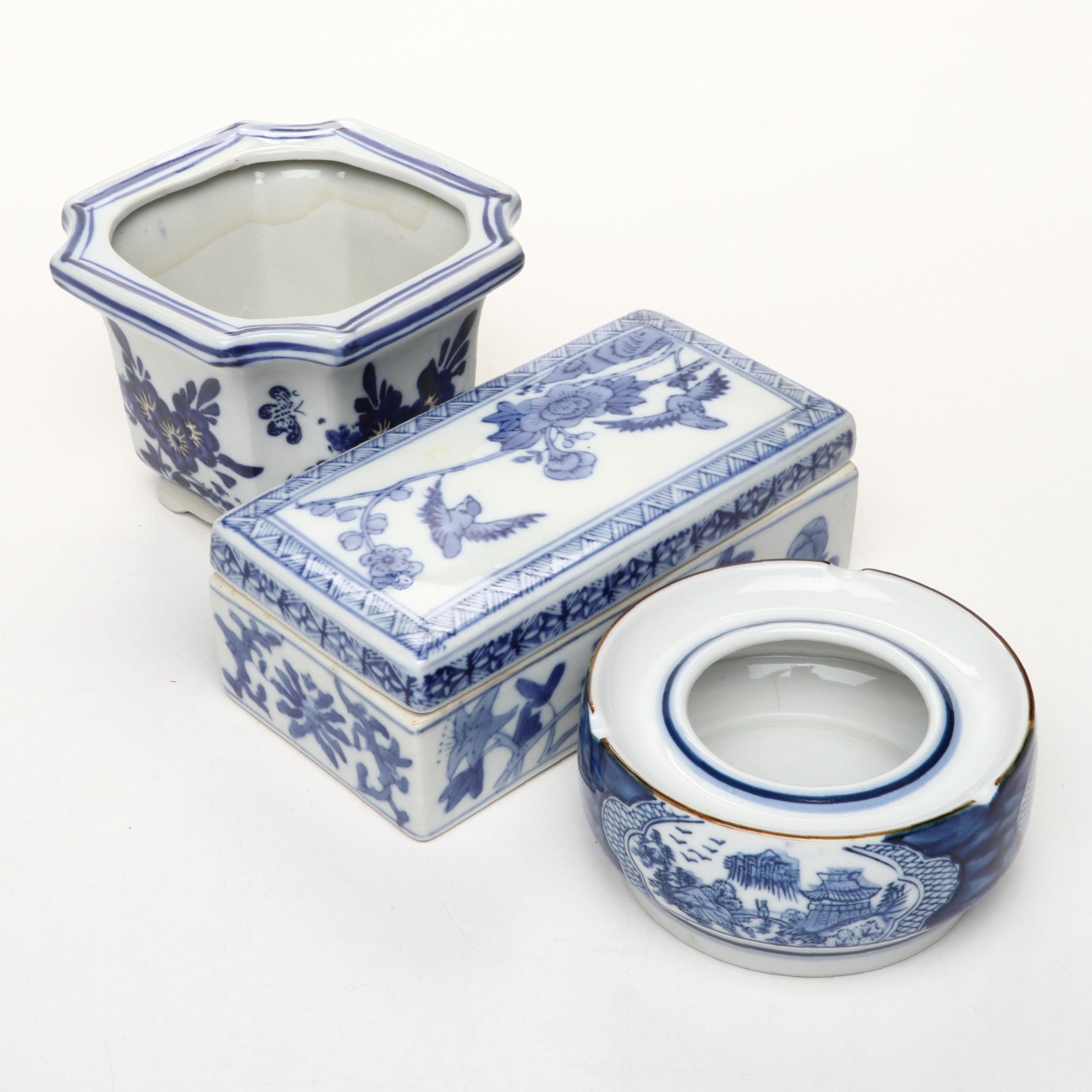 Chinese Blue and White Porcelain Planter with Ashtray and Box