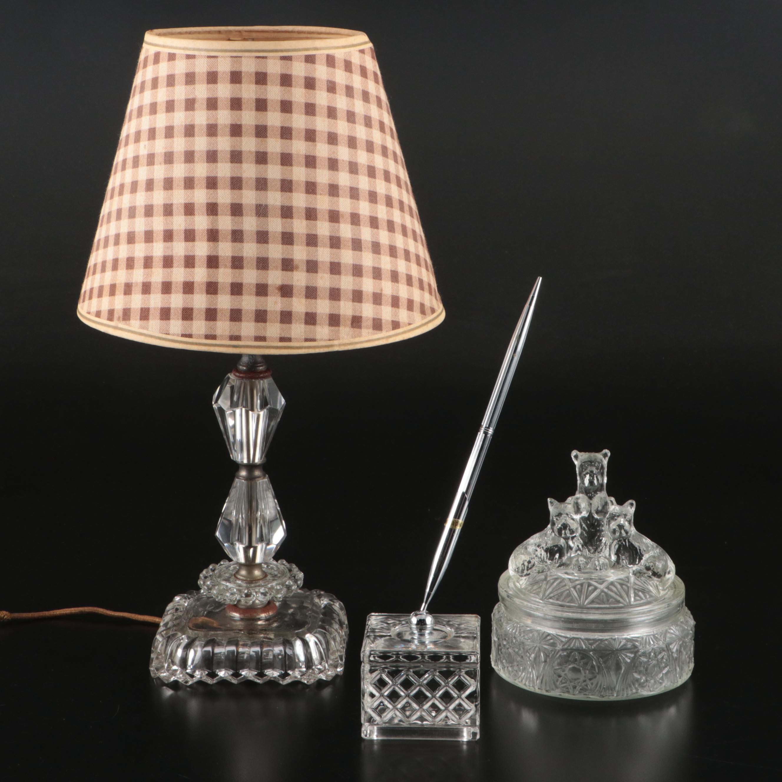Art Deco Style Pressed Glass Boudoir Lamp with Powder Jar and Pen Holder