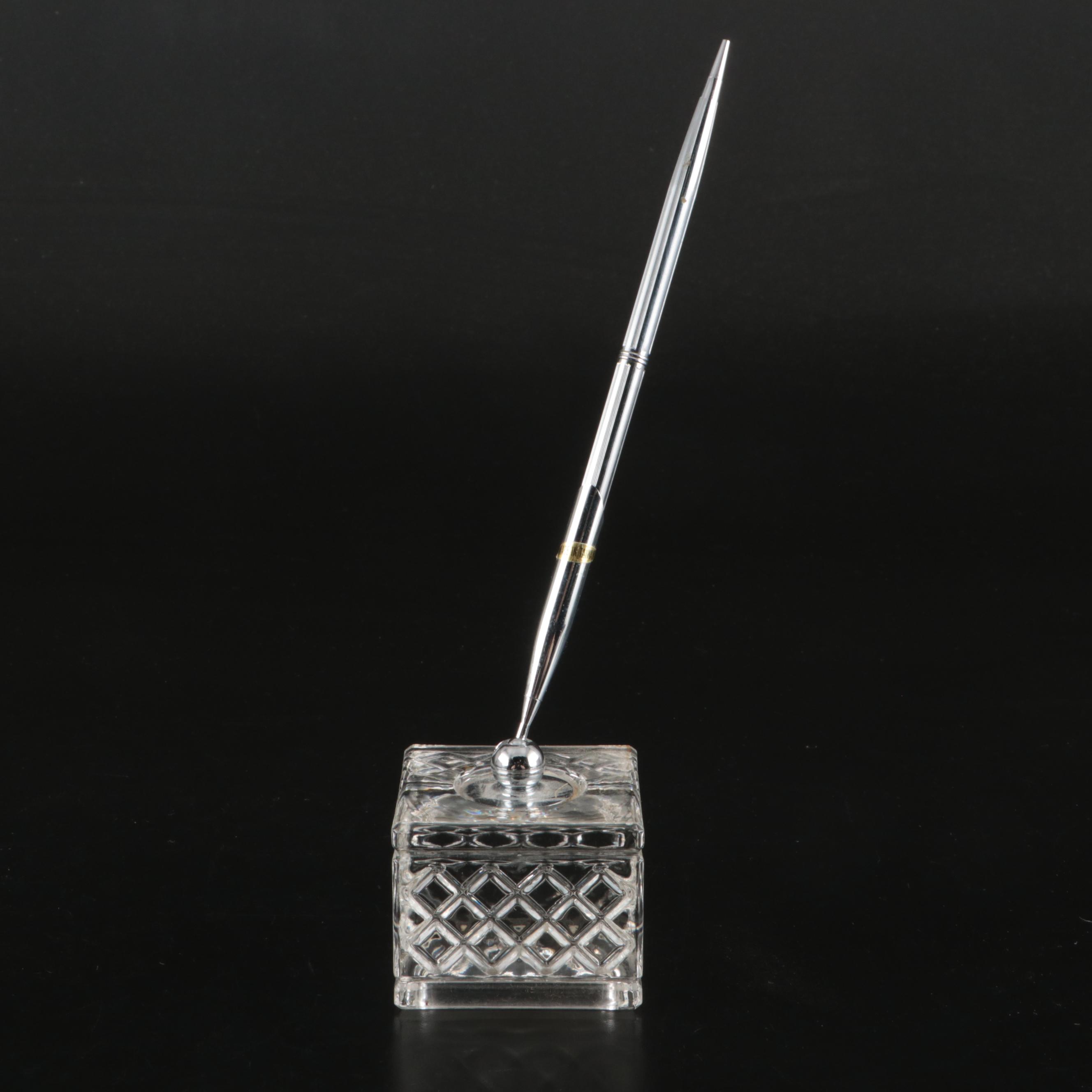 Art Deco Style Pressed Glass Boudoir Lamp with Powder Jar and Pen Holder