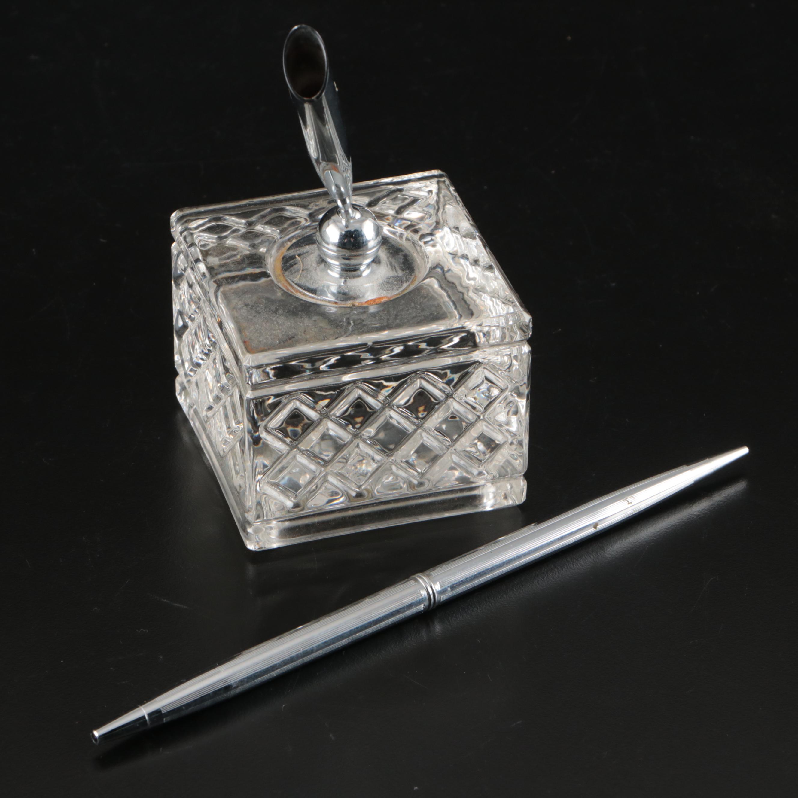 Art Deco Style Pressed Glass Boudoir Lamp with Powder Jar and Pen Holder