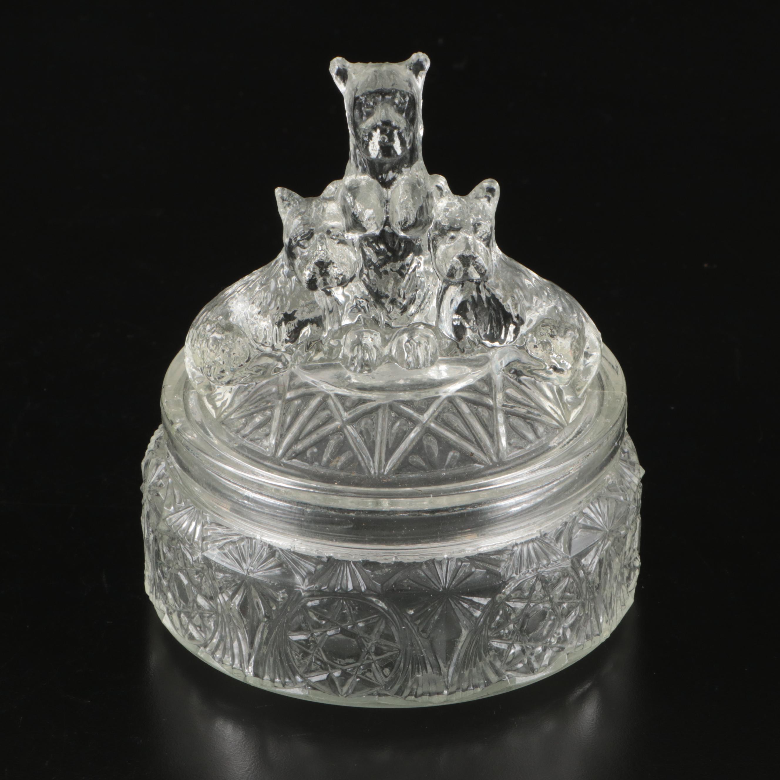 Art Deco Style Pressed Glass Boudoir Lamp with Powder Jar and Pen Holder