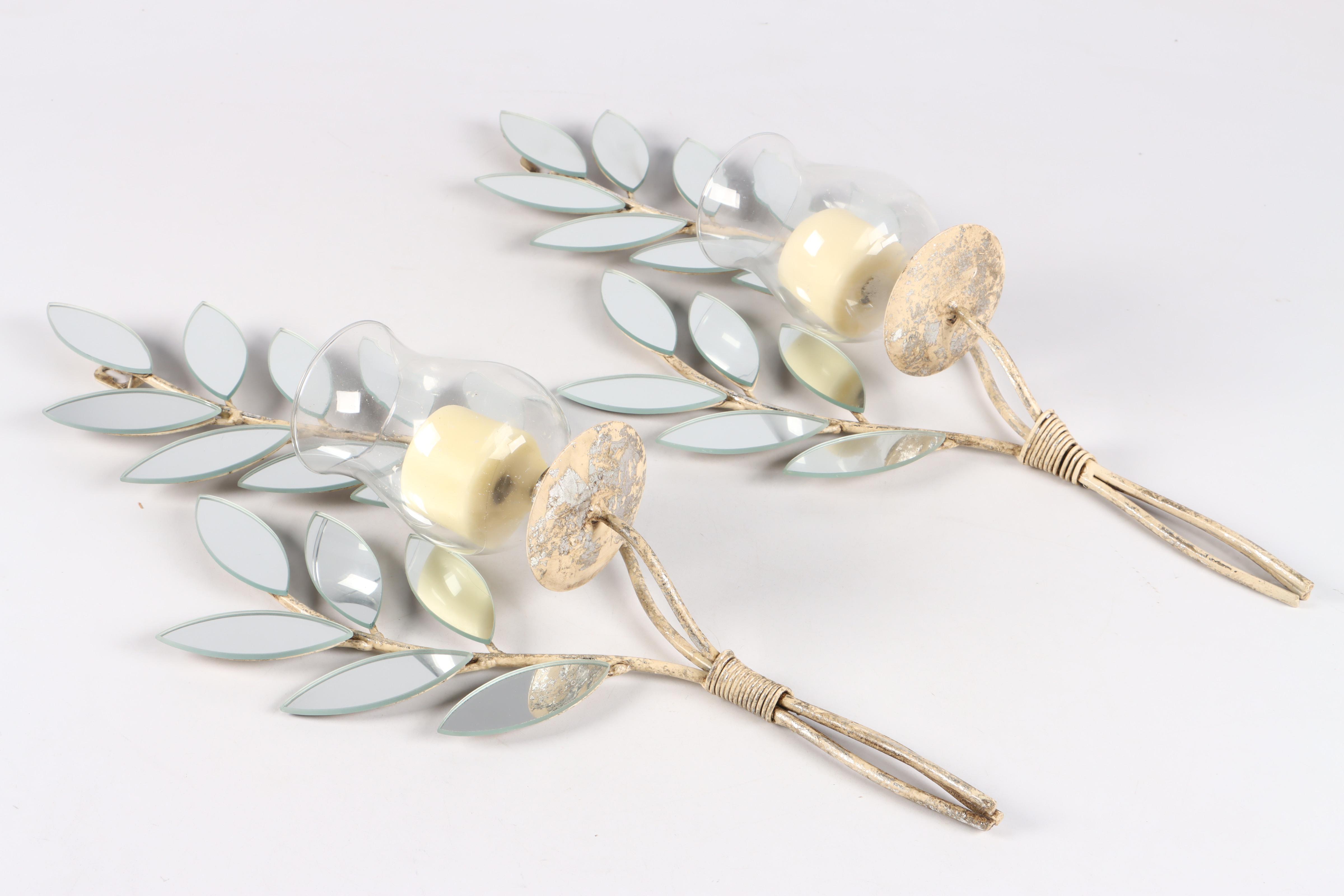 Glass Foliage Shaped Wall Sconces with Glass Hurricanes and Candles