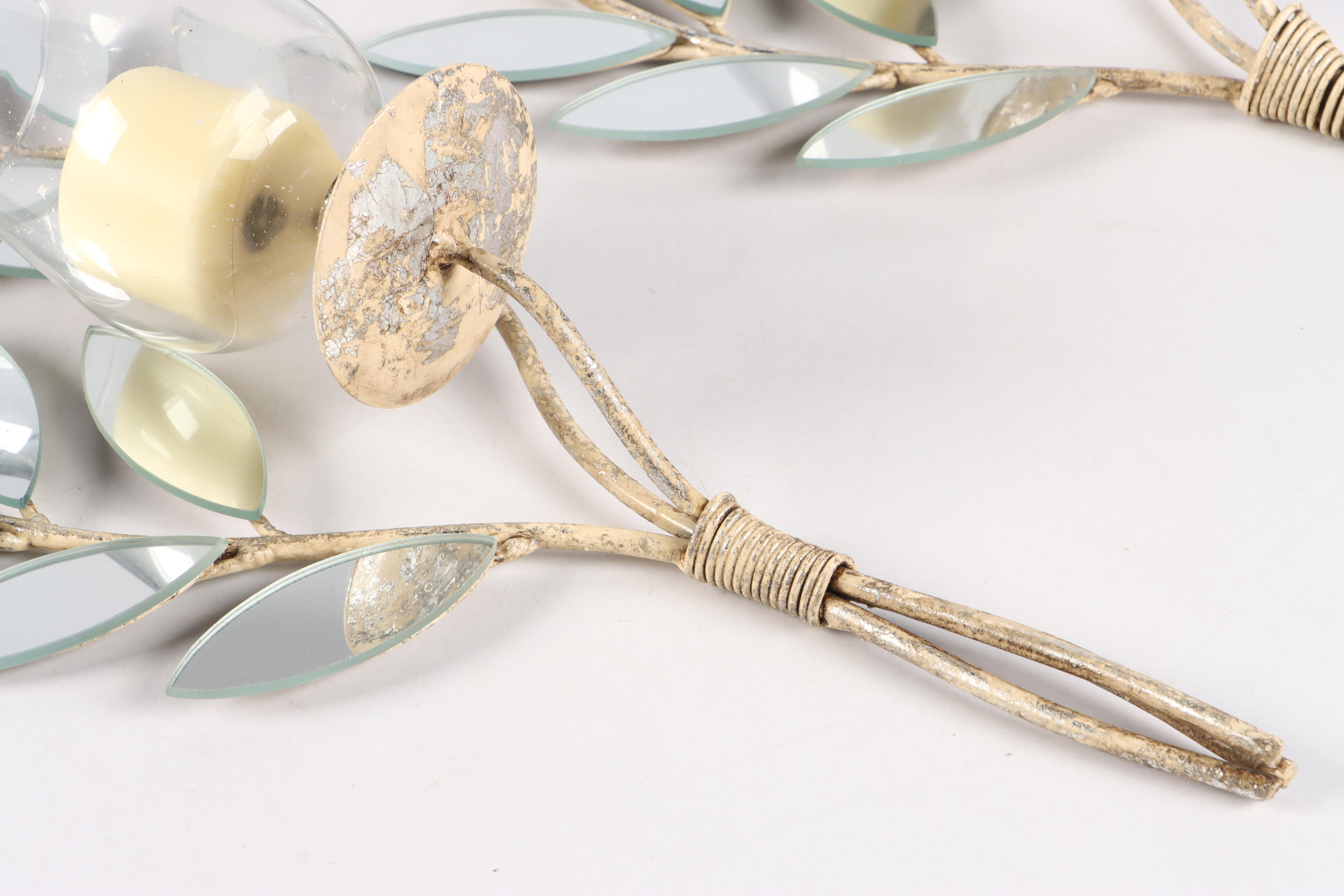 Glass Foliage Shaped Wall Sconces with Glass Hurricanes and Candles