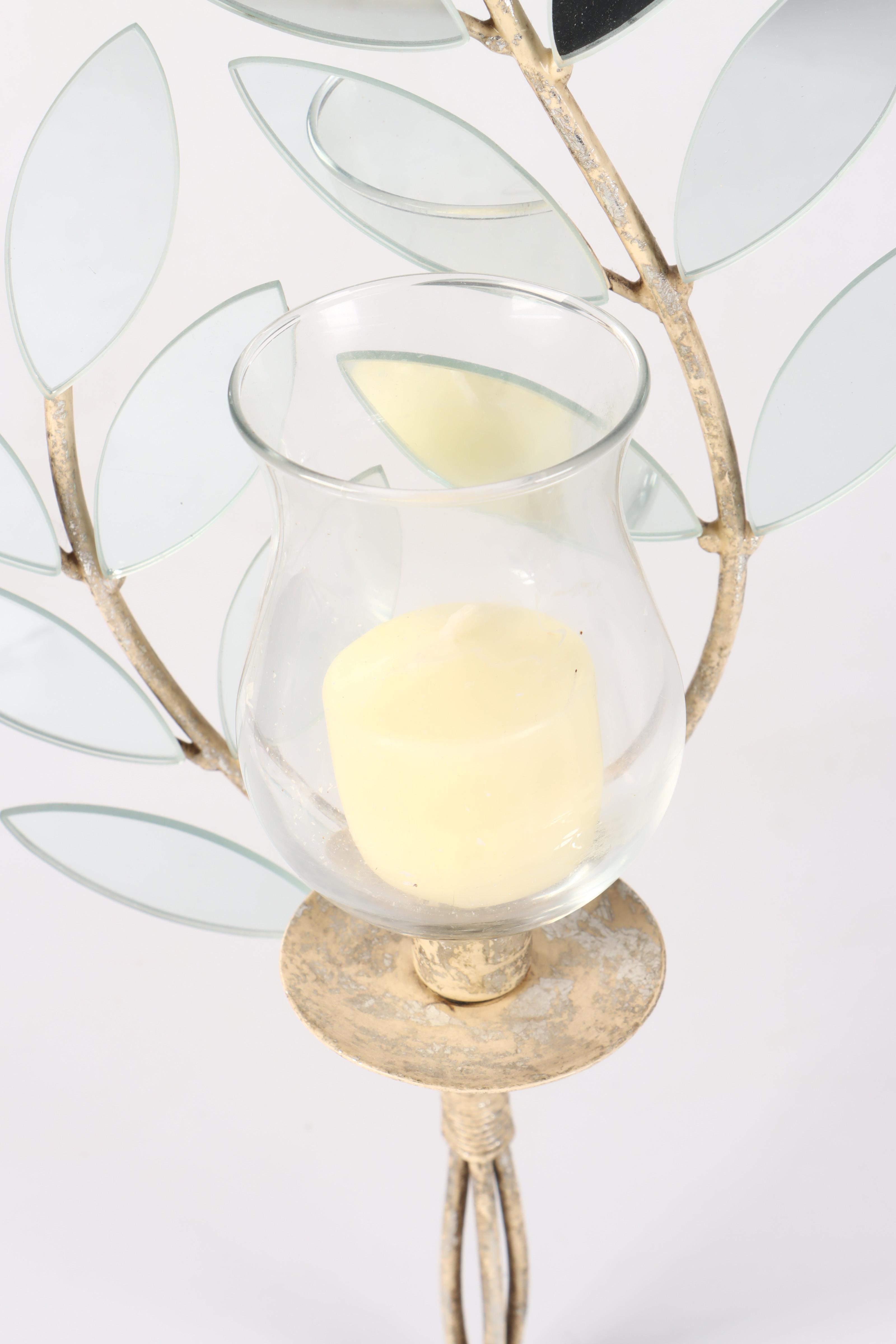 Glass Foliage Shaped Wall Sconces with Glass Hurricanes and Candles