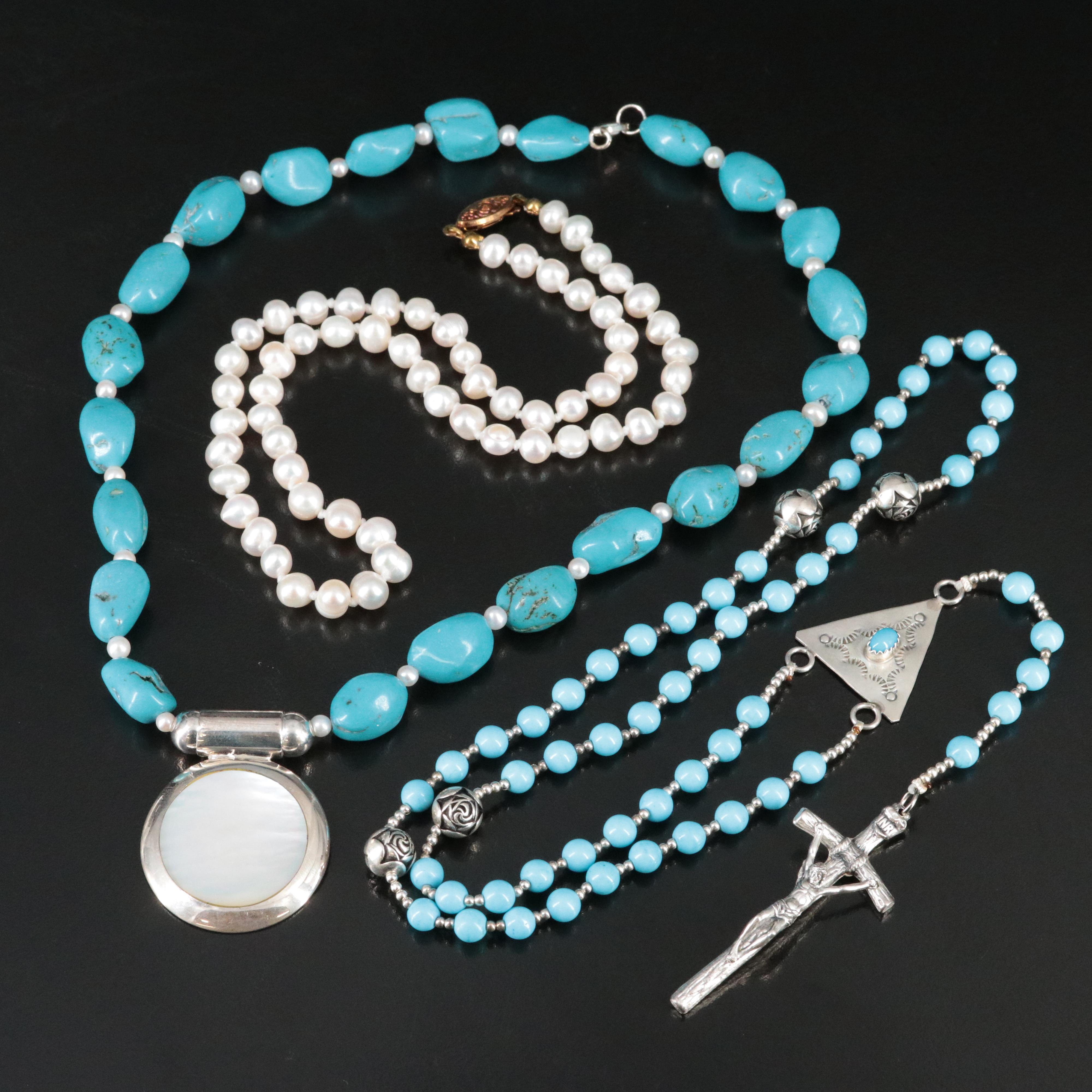Pearl,Magnesite and Mother-of-Pearl Necklace Collection Featuring Sterling