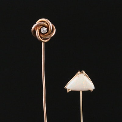 14K Antique 0.07 CT Diamond Love Knot and Vintage Opal Stick Pins 14K Antique 0.07 CT Diamond Love Knot and Vintage Opal Stick Pins