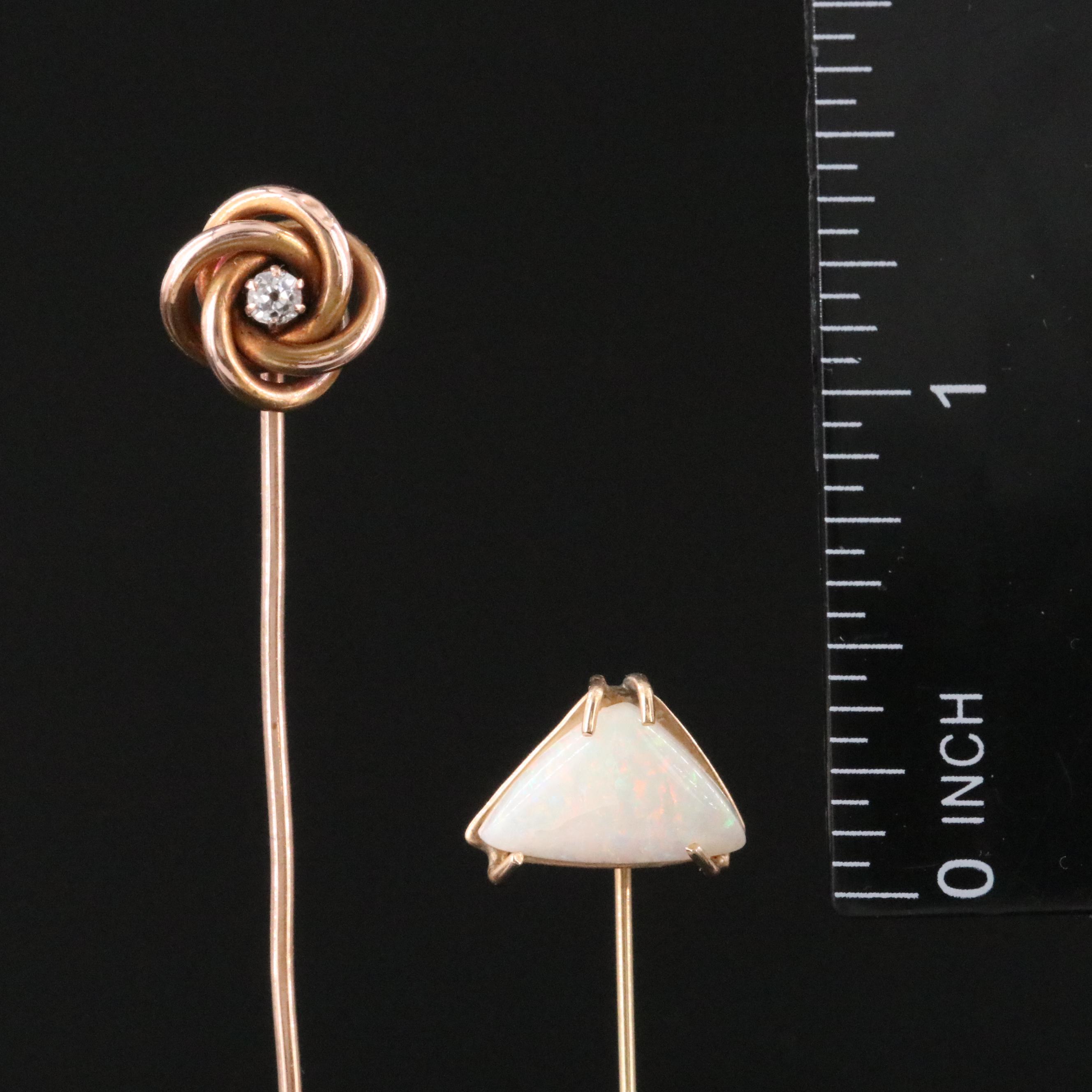 14K Antique 0.07 CT Diamond Love Knot and Vintage Opal Stick Pins