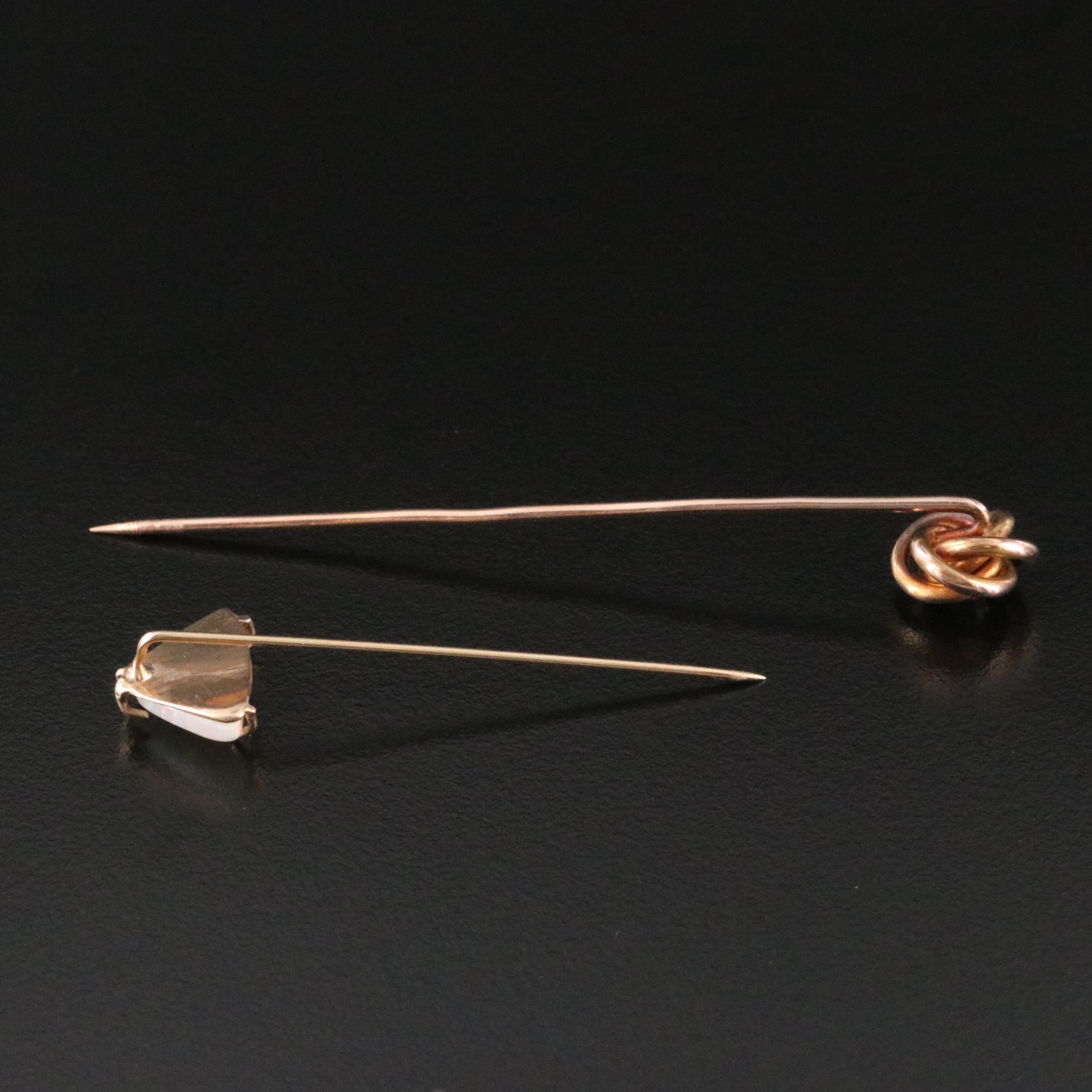 14K Antique 0.07 CT Diamond Love Knot and Vintage Opal Stick Pins