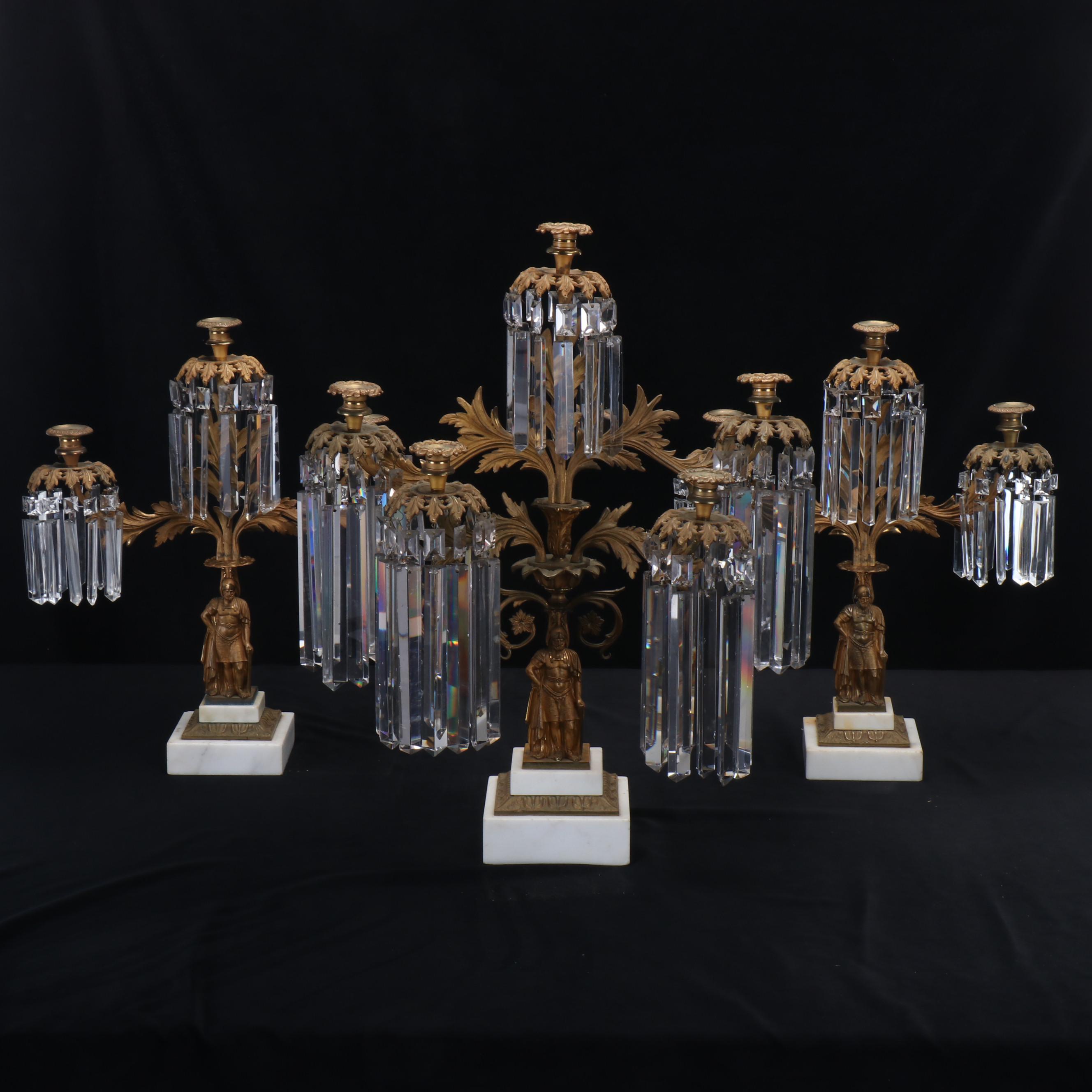 Large 26" Brass Five-Arm Candelabra with Glass Ornamentation and Marble Base