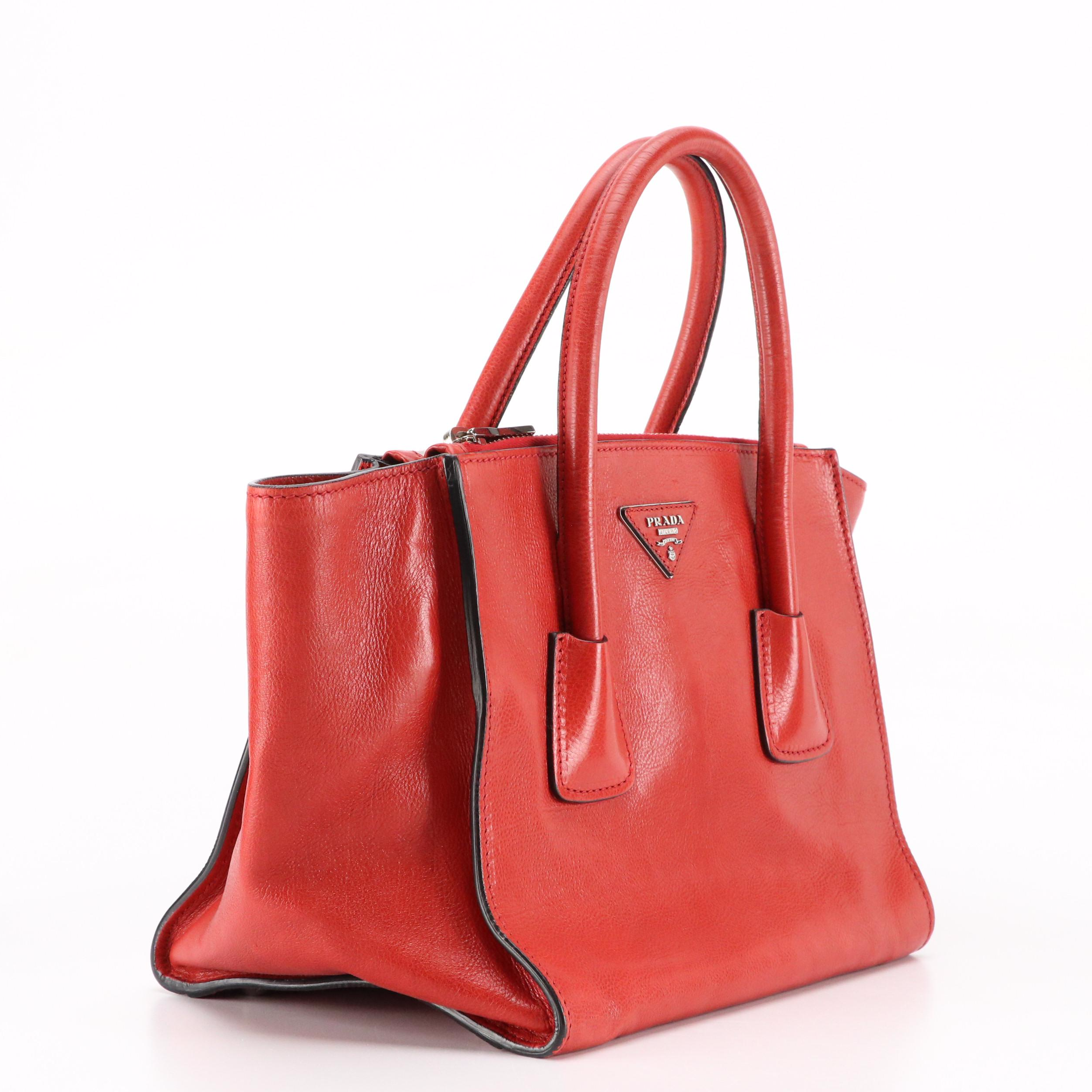 Prada Twin Pocket Two-Way Handbag in Red Glazed Calfskin Leather