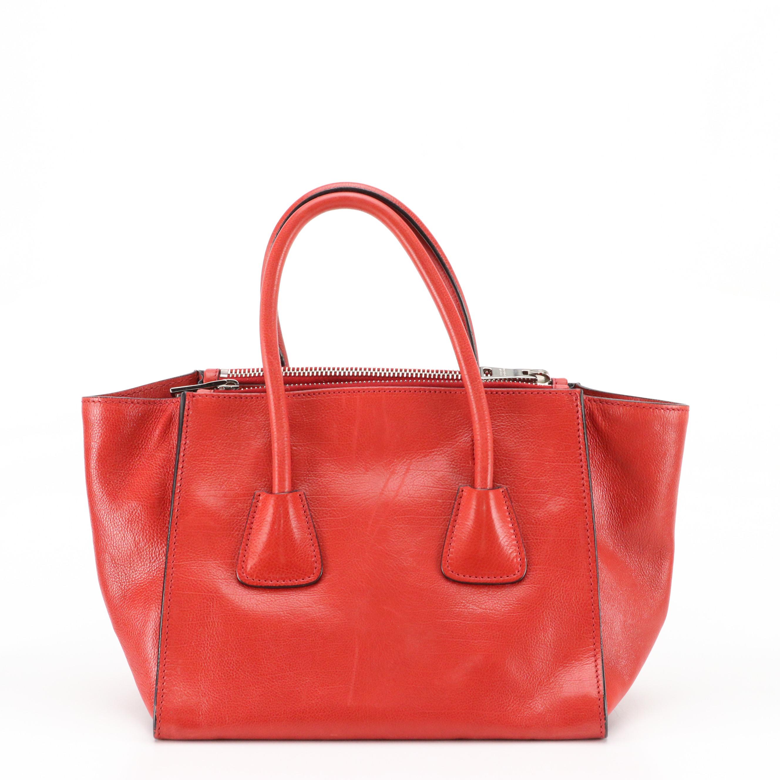 Prada Twin Pocket Two-Way Handbag in Red Glazed Calfskin Leather