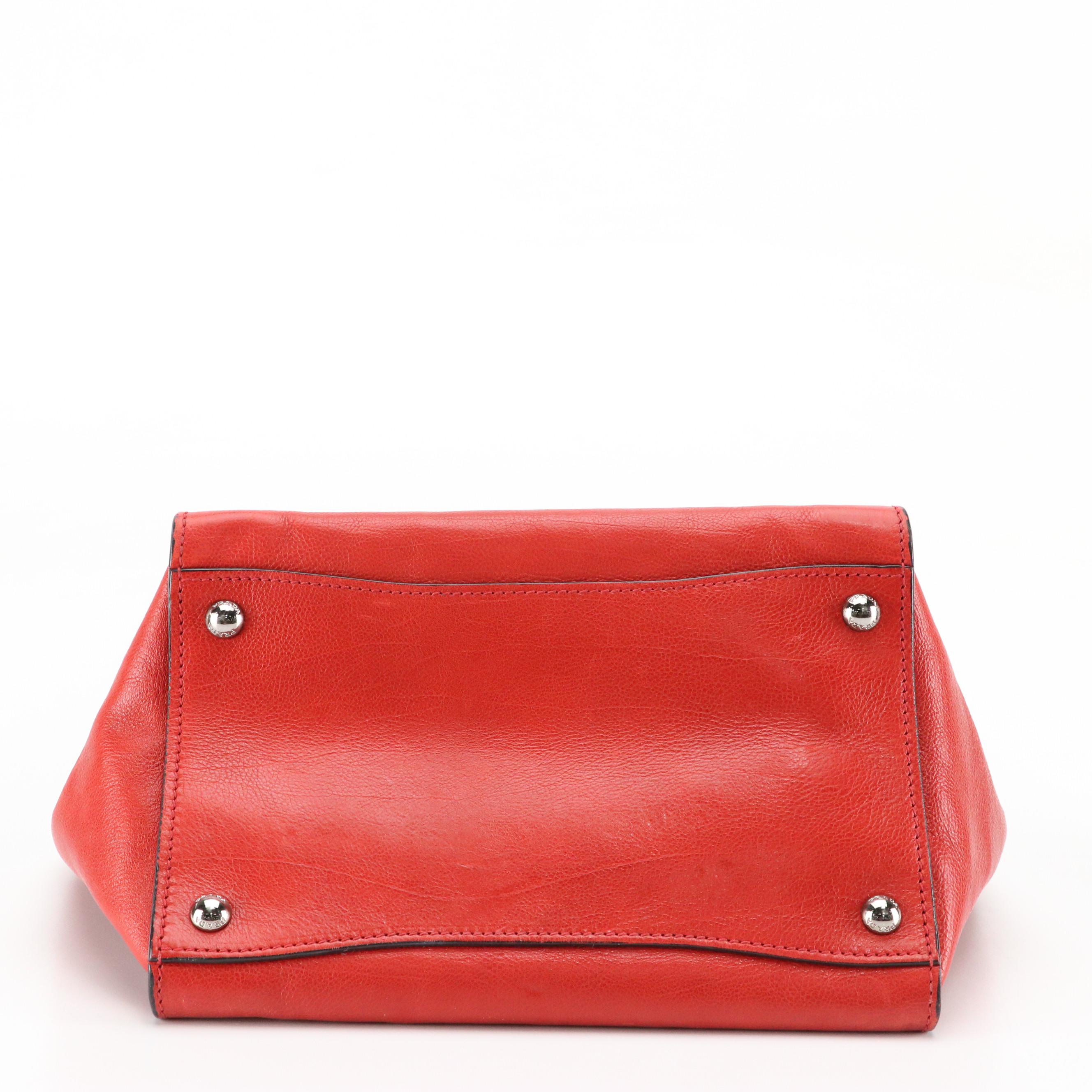 Prada Twin Pocket Two-Way Handbag in Red Glazed Calfskin Leather