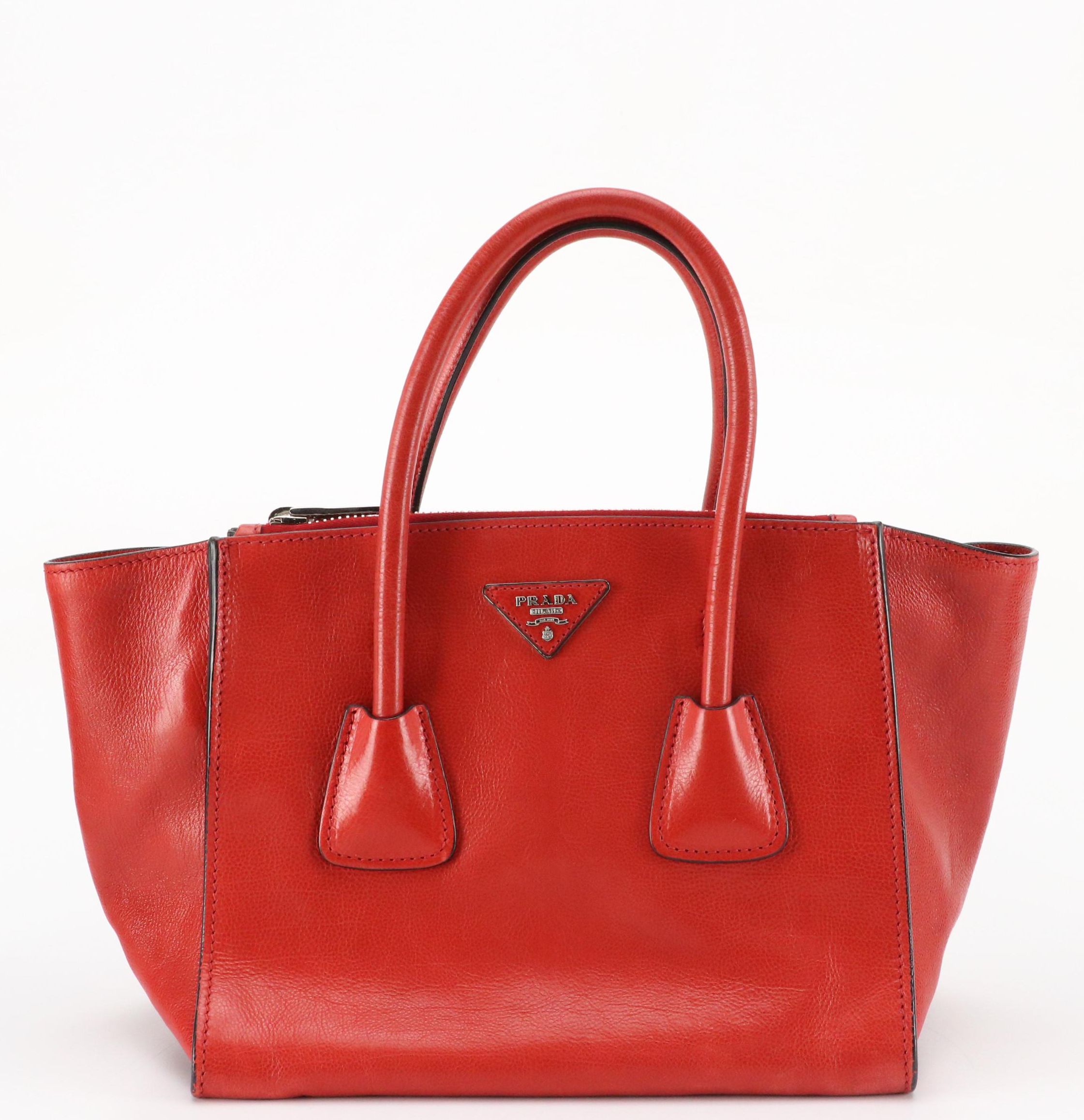 Prada Twin Pocket Two-Way Handbag in Red Glazed Calfskin Leather