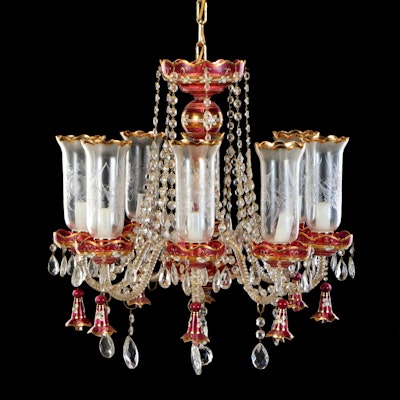Bohemian Cranberry Glass and Brass Eight-Arm Chandelier with Glass Accents Bohemian Cranberry Glass and Brass Eight-Arm Chandelier with Glass Accents