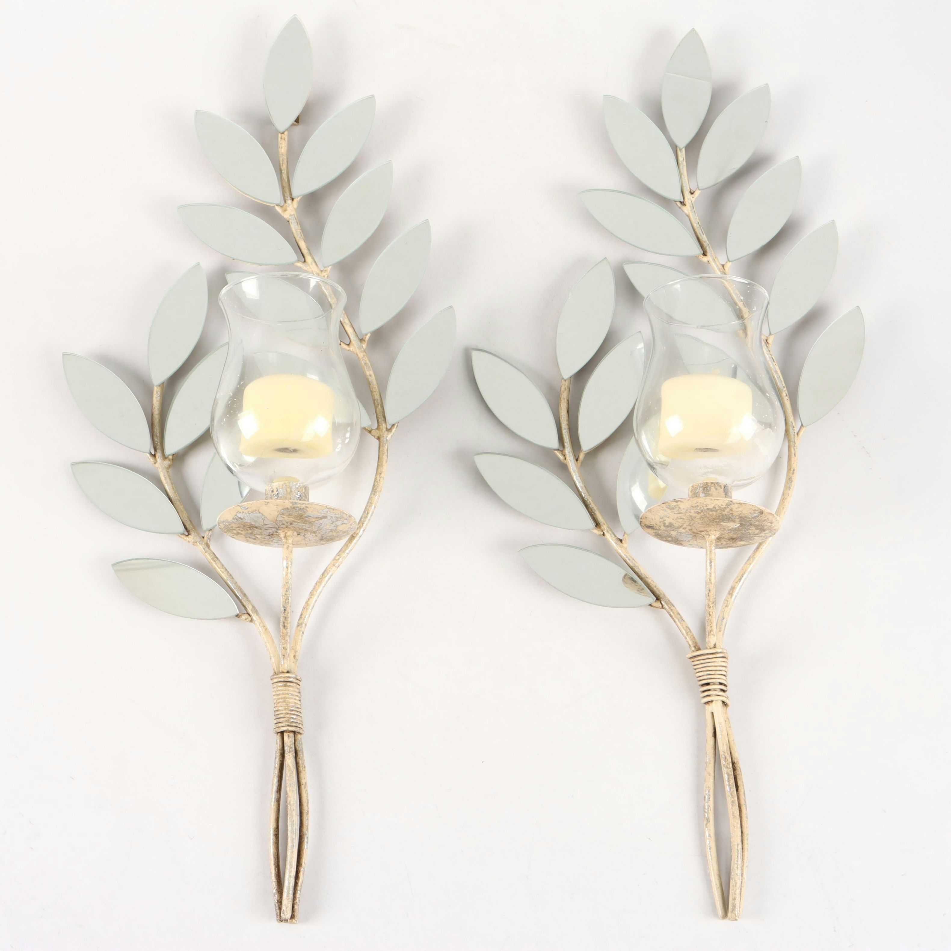 Glass Foliage Shaped Wall Sconces with Glass Hurricanes and Candles