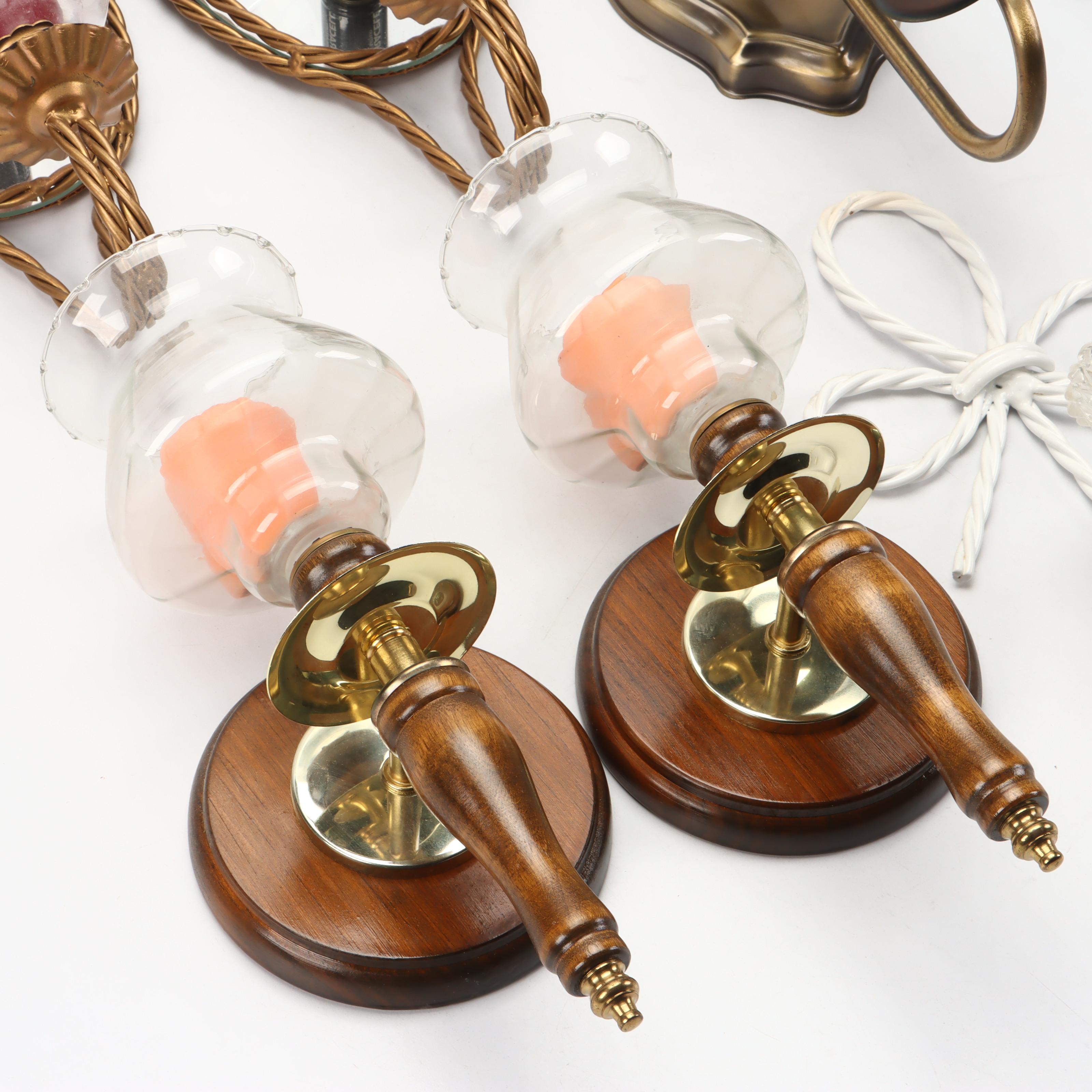 Homeco Brass, Home Interiors Wooden, and Other Wall Sconces with Wax Candles