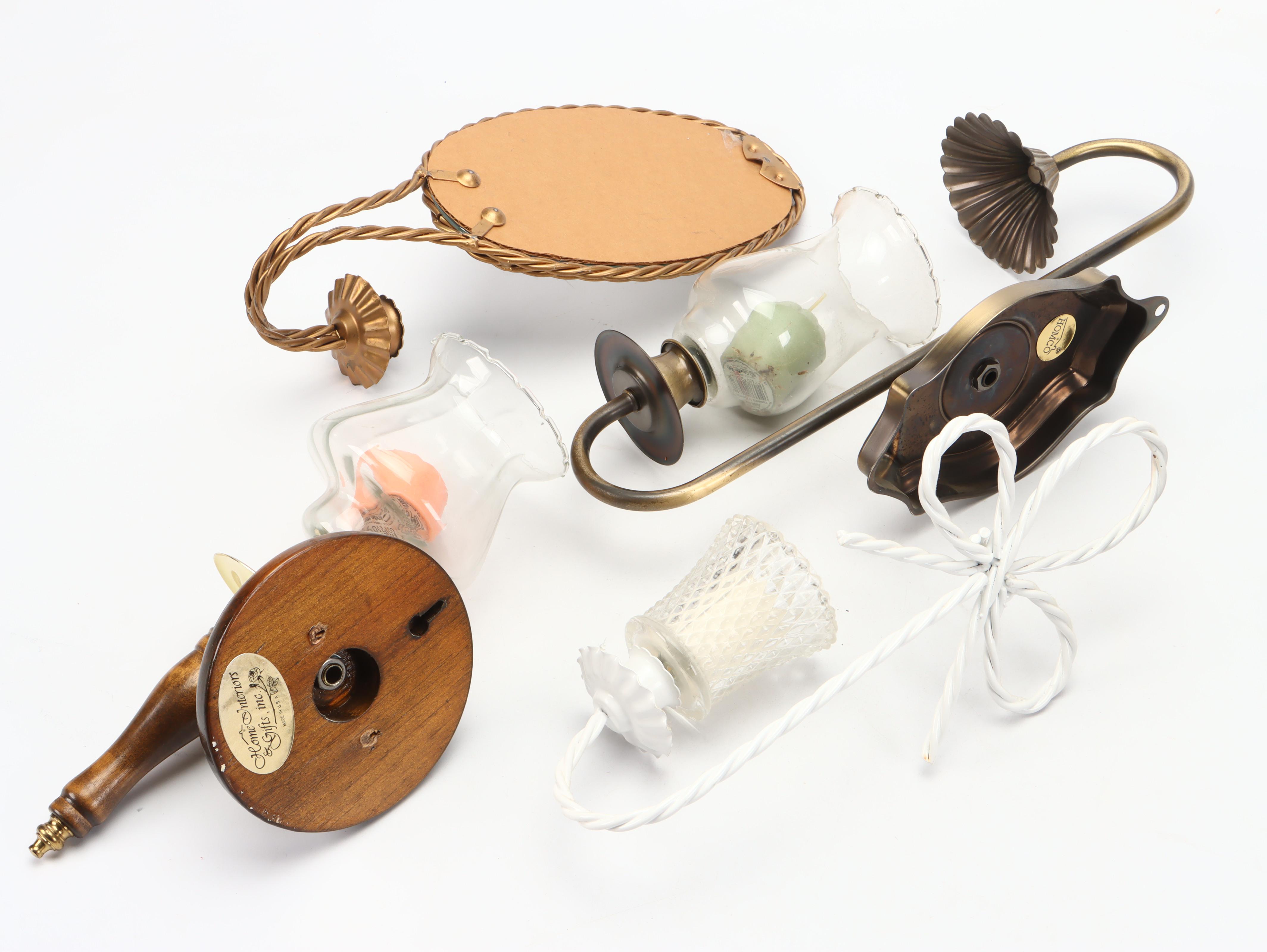 Homeco Brass, Home Interiors Wooden, and Other Wall Sconces with Wax Candles