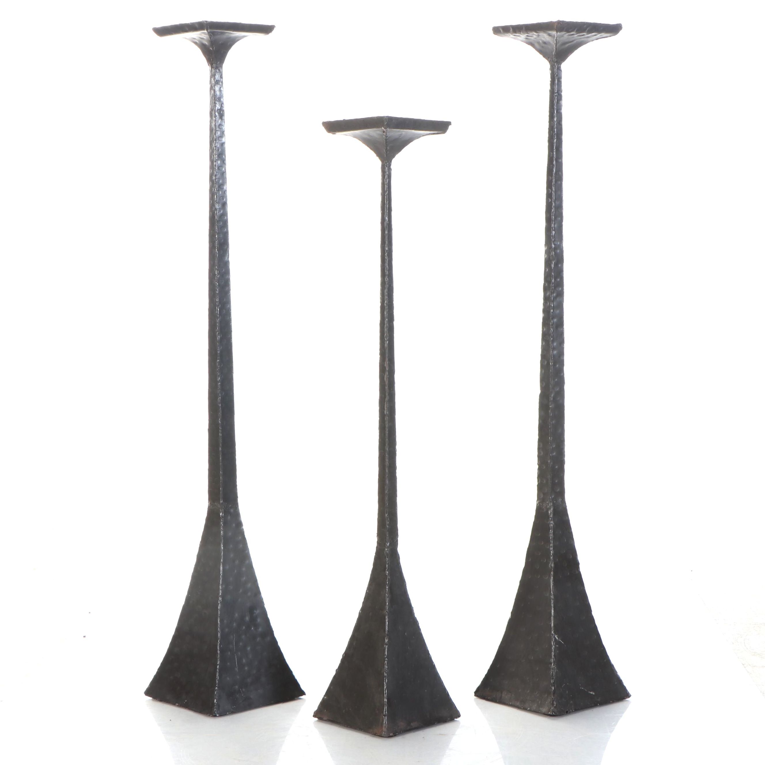 Brutalist Hammered Metal Floor Candlesticks