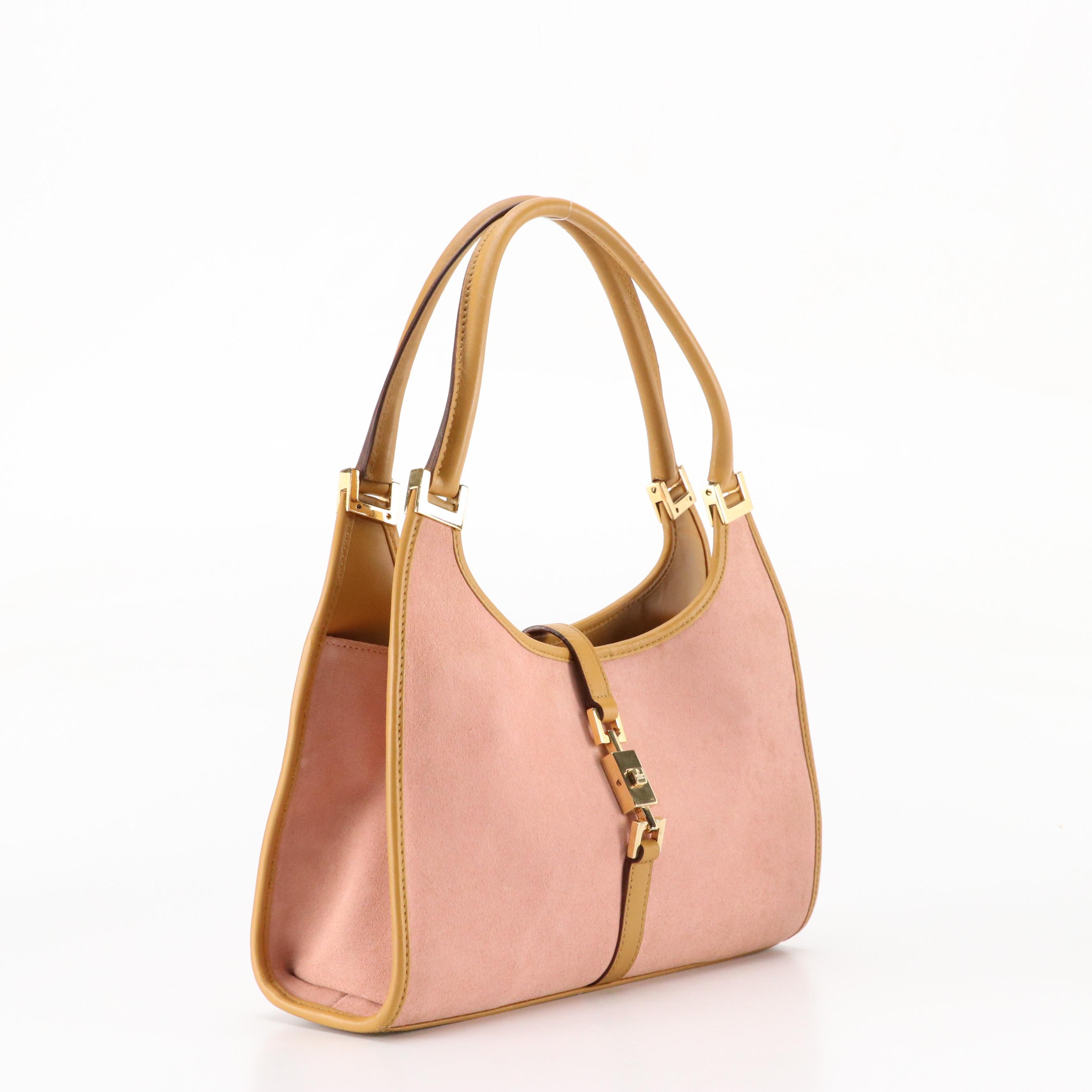 Gucci Jackie Bardot Shoulder Bag in Pink Suede and Brown Leather Trim