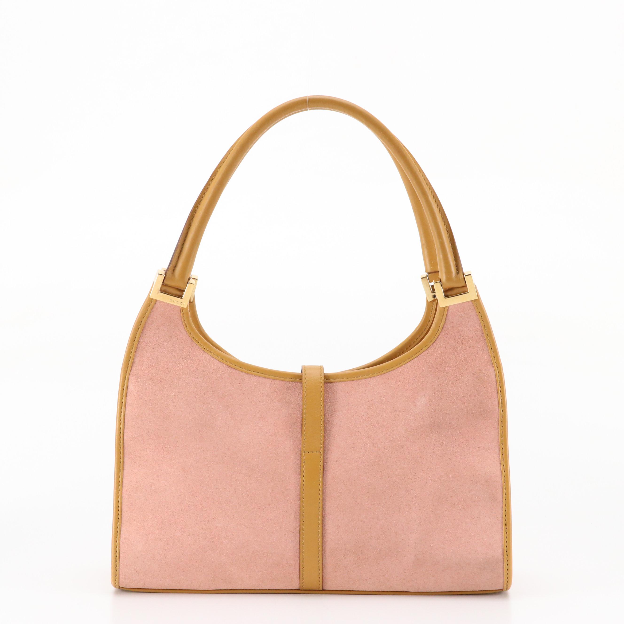 Gucci Jackie Bardot Shoulder Bag in Pink Suede and Brown Leather Trim