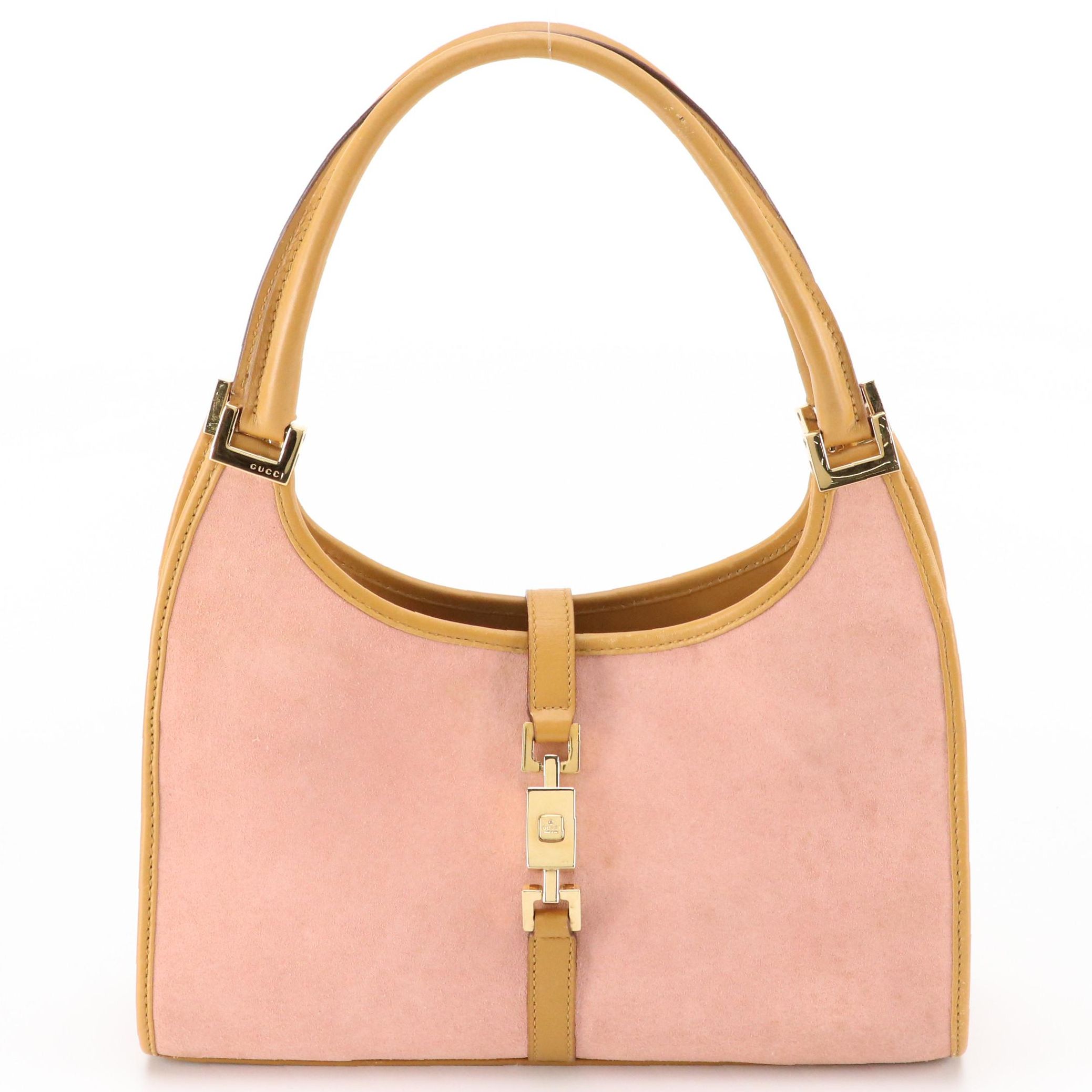 Gucci Jackie Bardot Shoulder Bag in Pink Suede and Brown Leather Trim