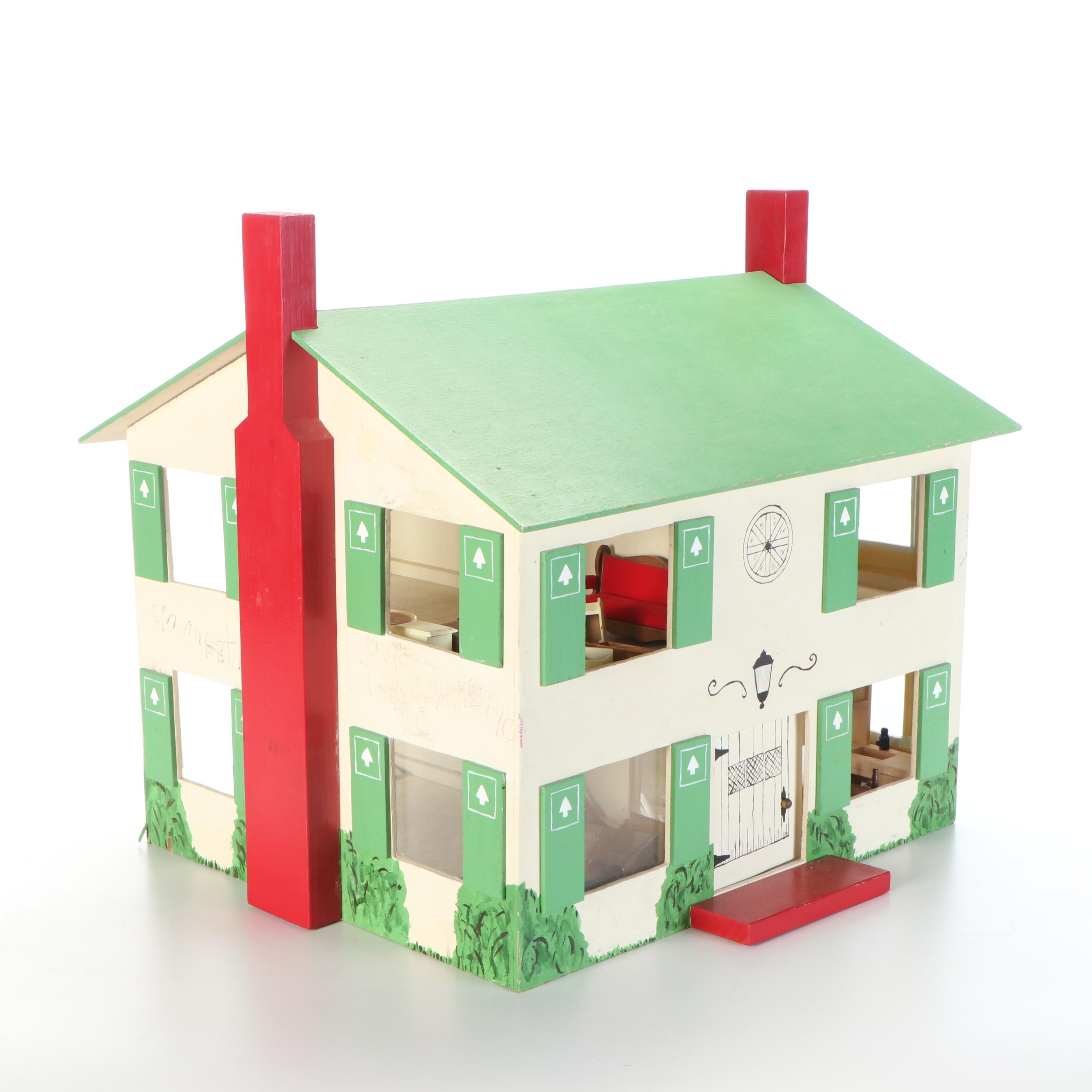 Rich Toys Plyboard Dollhouse with Furniture and Accessories, Mid-20th C.