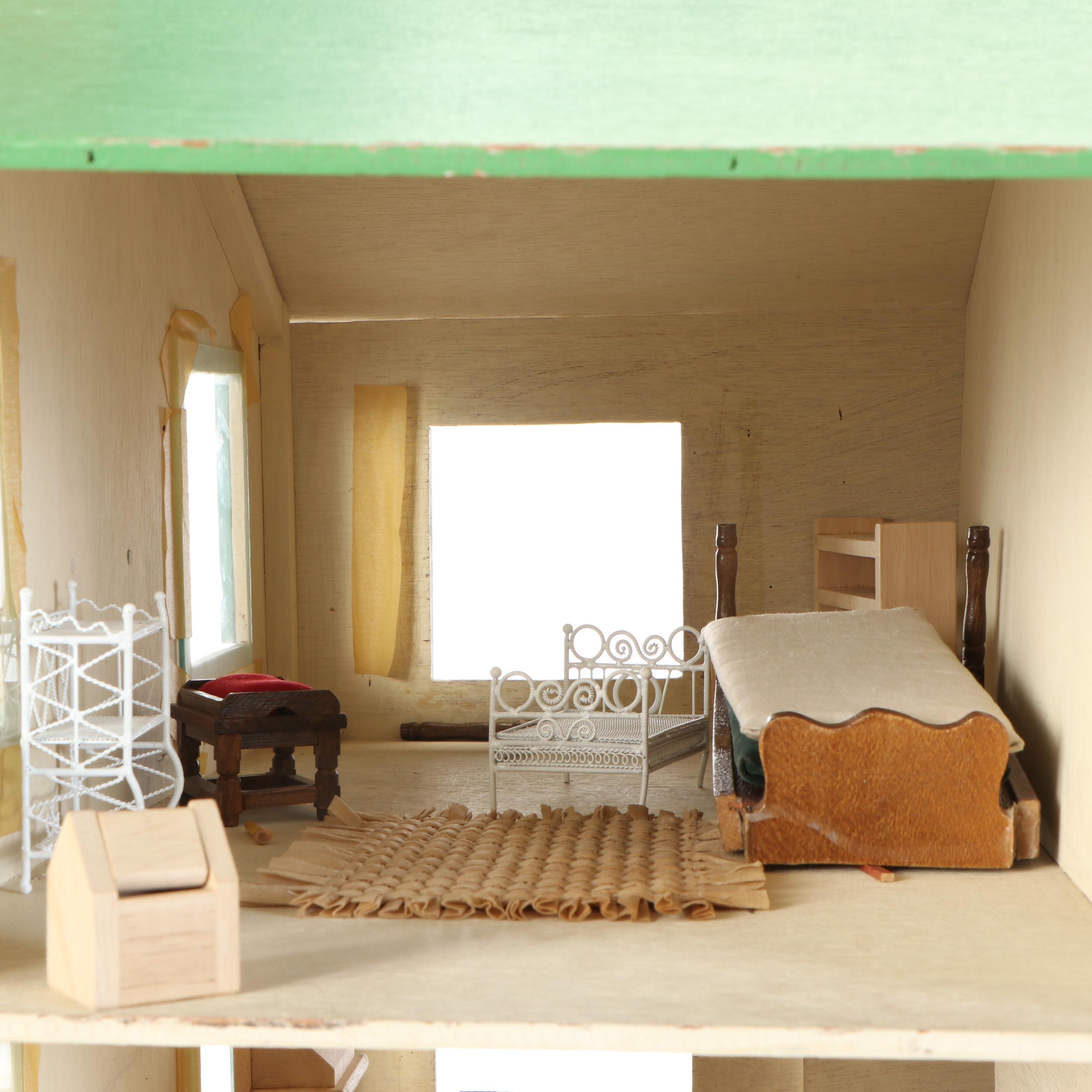 Rich Toys Plyboard Dollhouse with Furniture and Accessories, Mid-20th C.