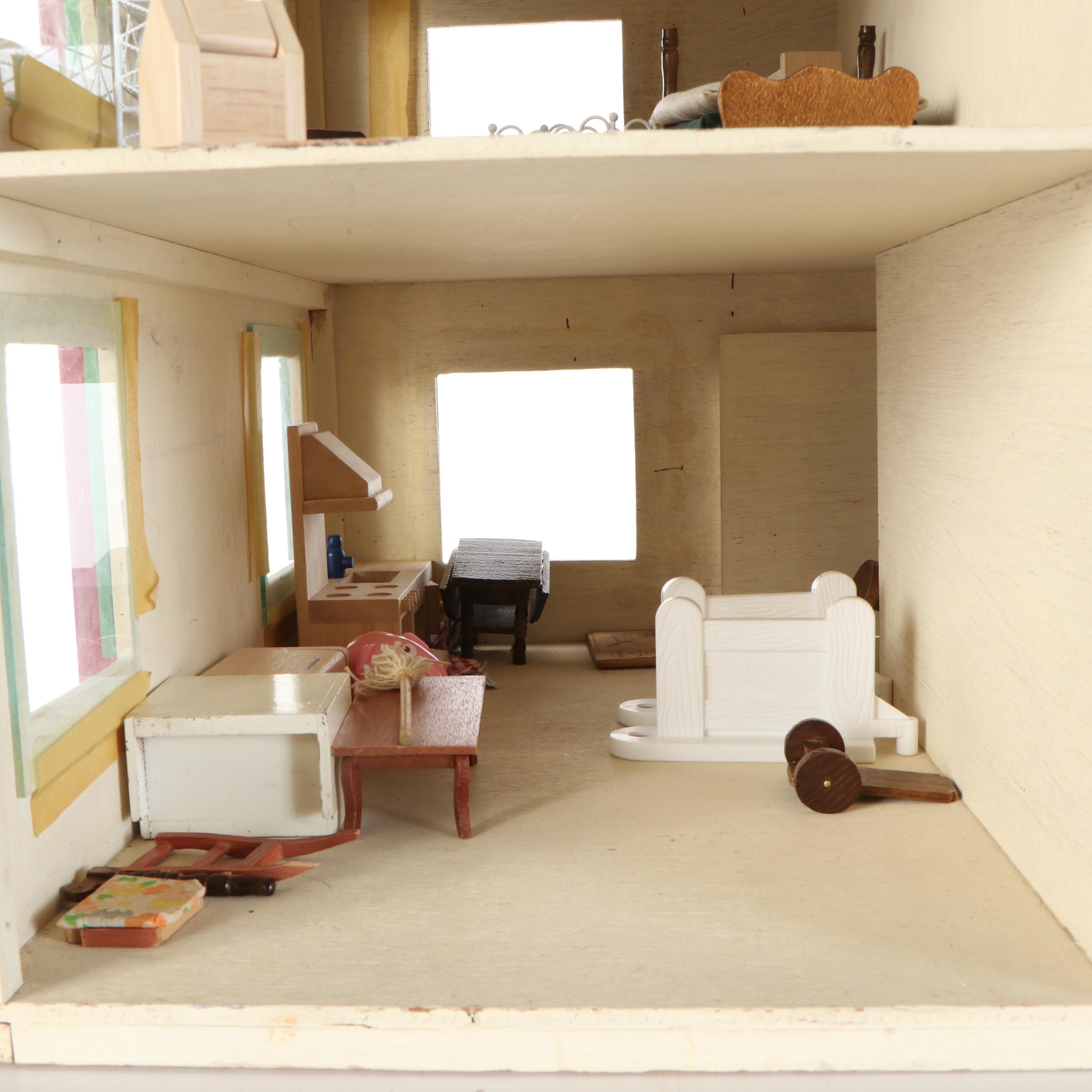 Rich Toys Plyboard Dollhouse with Furniture and Accessories, Mid-20th C.