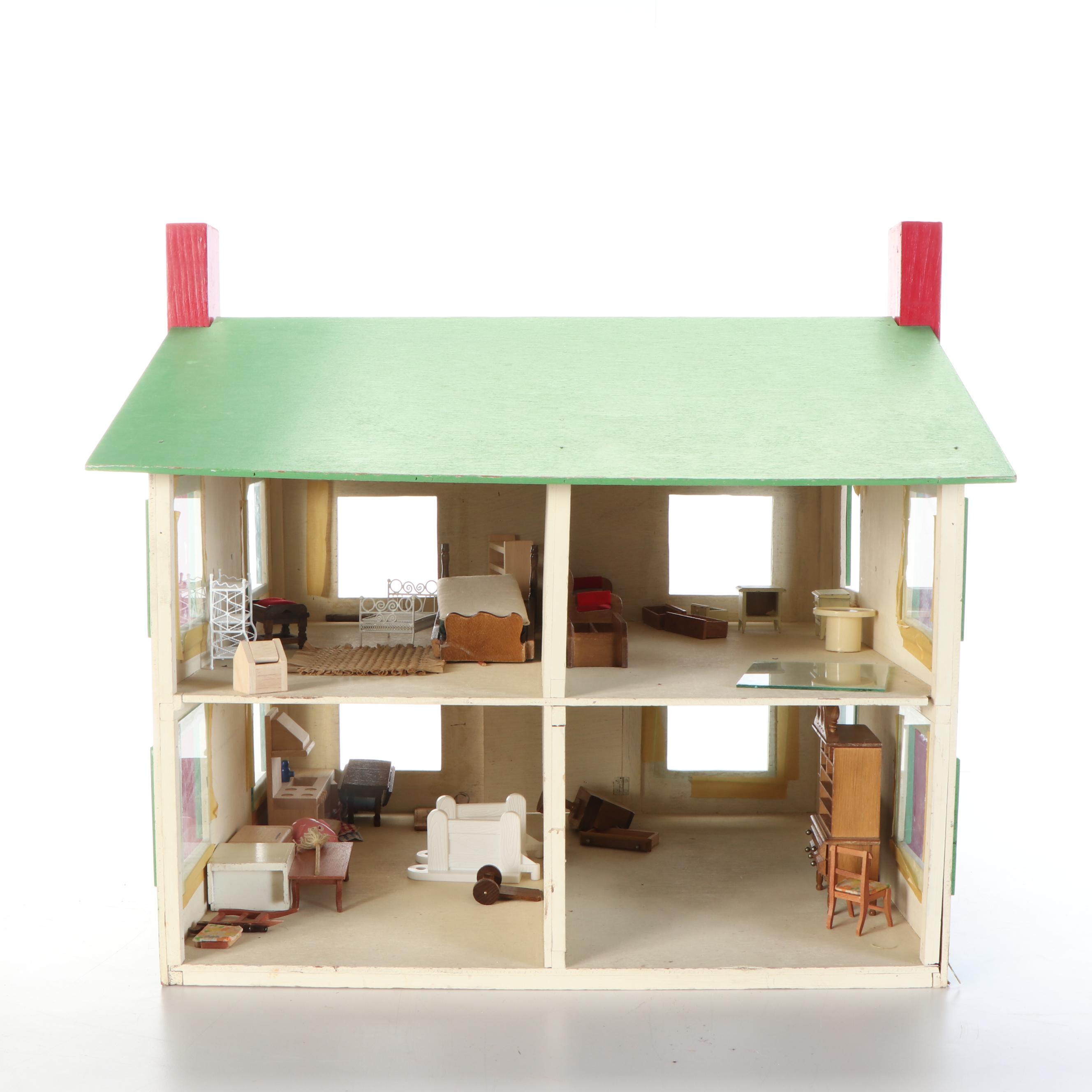 Rich Toys Plyboard Dollhouse with Furniture and Accessories, Mid-20th C.