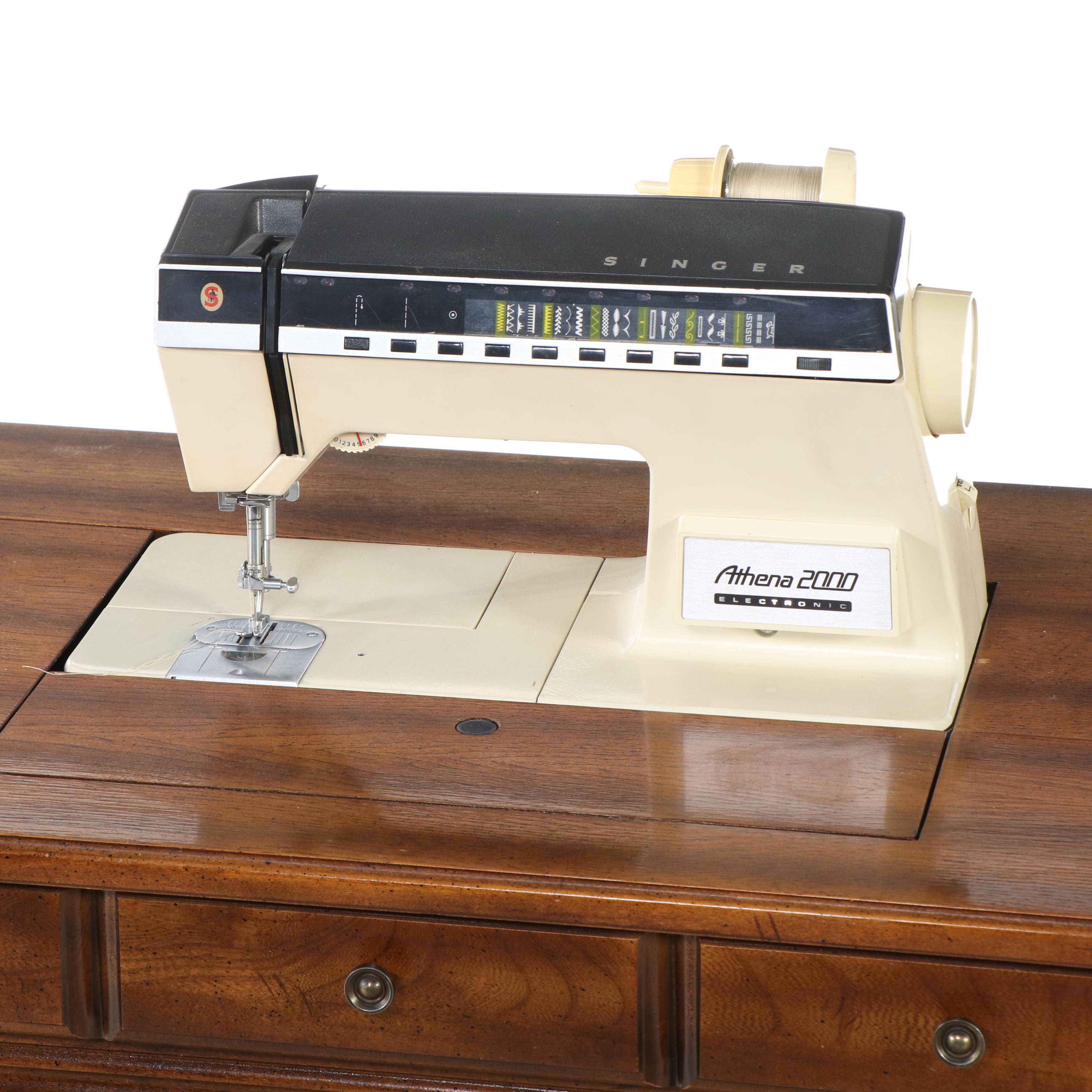Singer Athena 2000 Electronic Sewing Machine in Colonial Style Walnut Cabinet