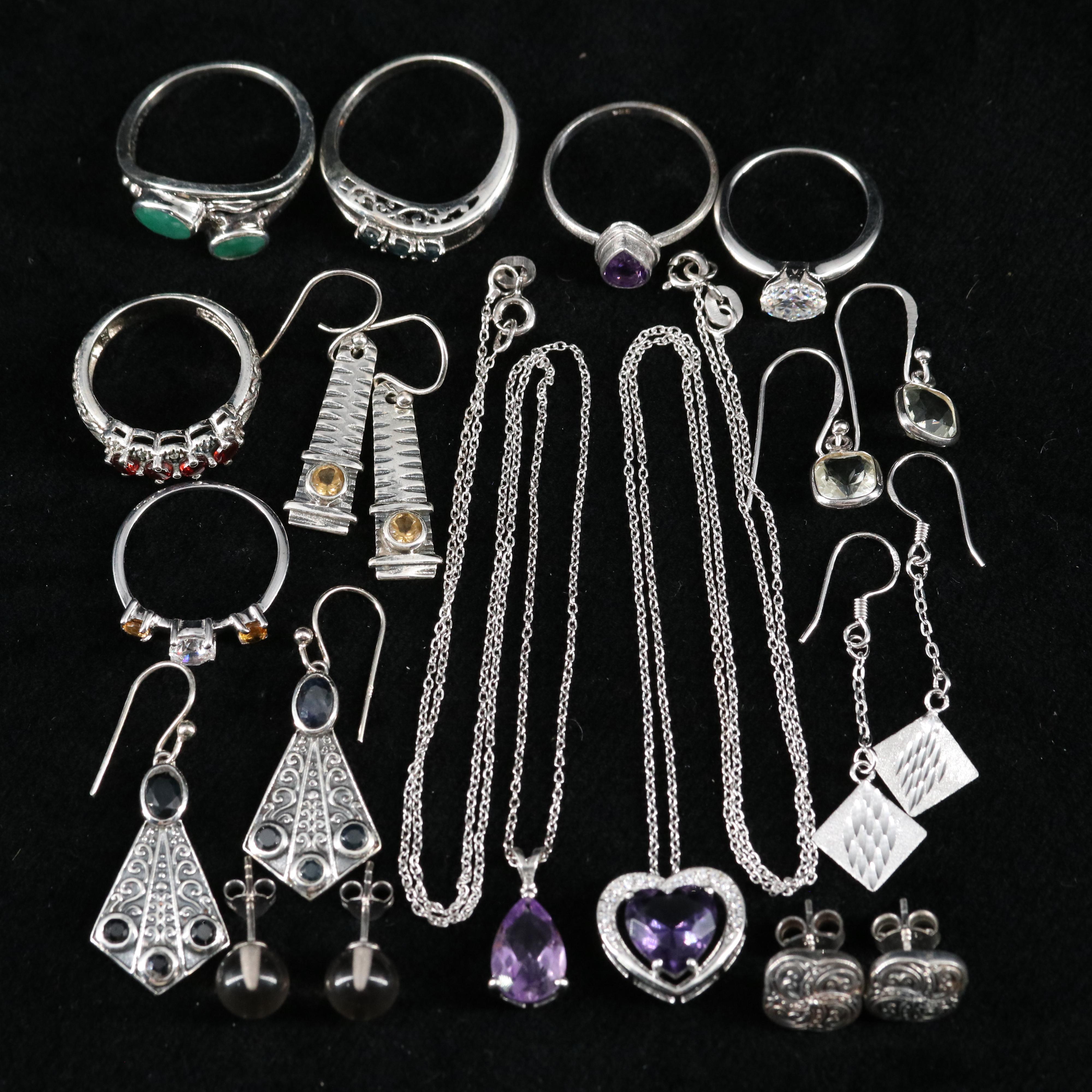 Group of 14 Assorted Sterling Silver Rings, Necklaces, and Earrings