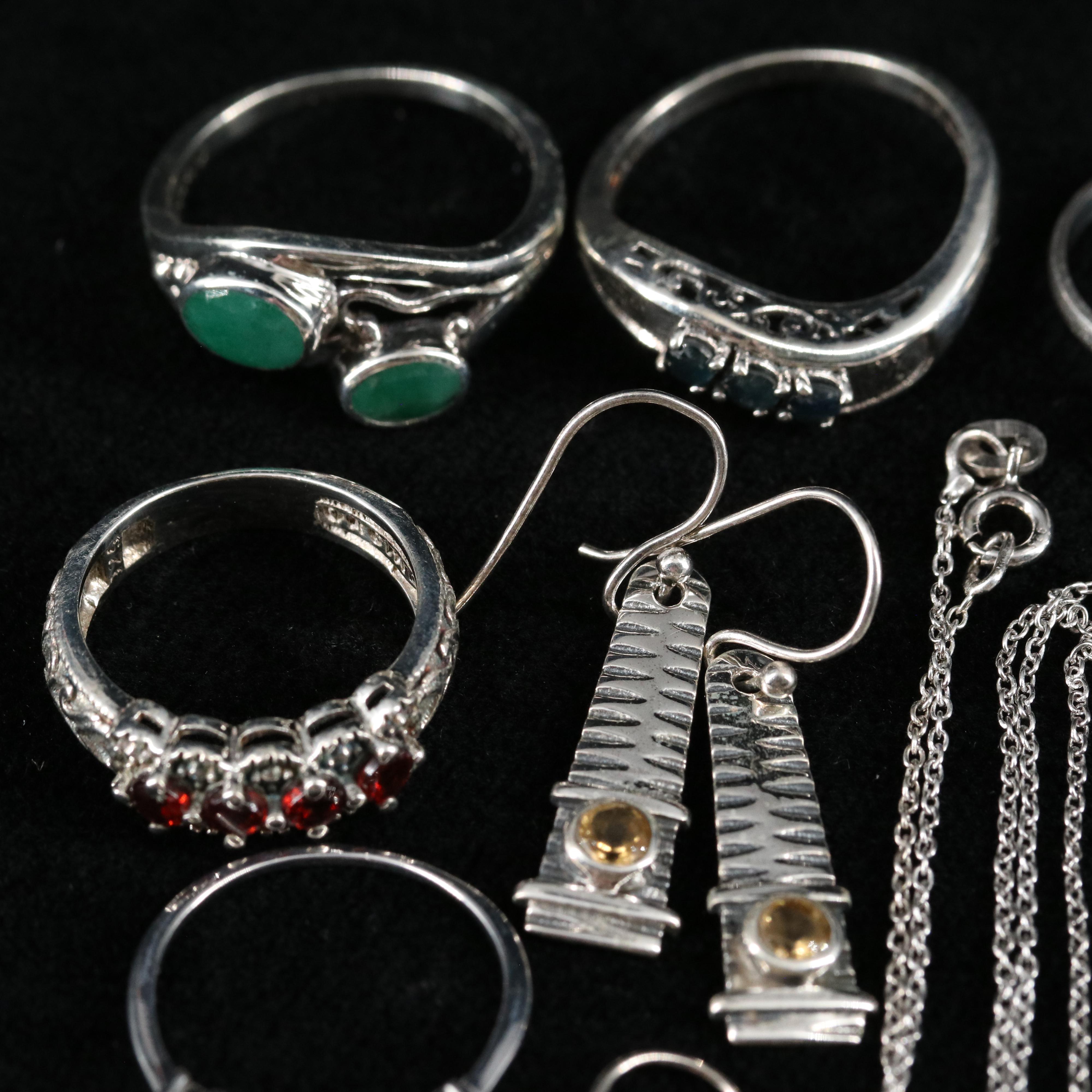 Group of 14 Assorted Sterling Silver Rings, Necklaces, and Earrings