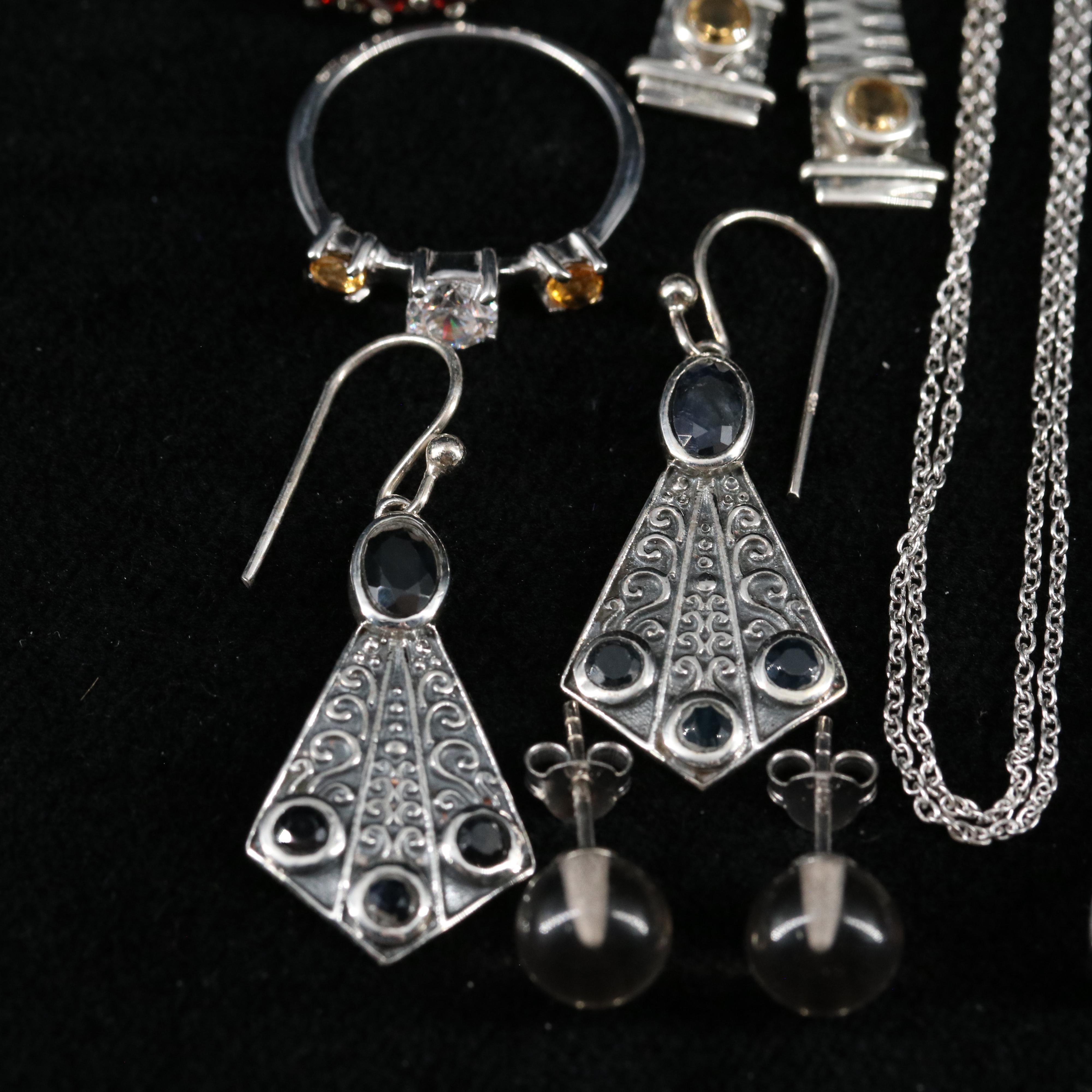 Group of 14 Assorted Sterling Silver Rings, Necklaces, and Earrings