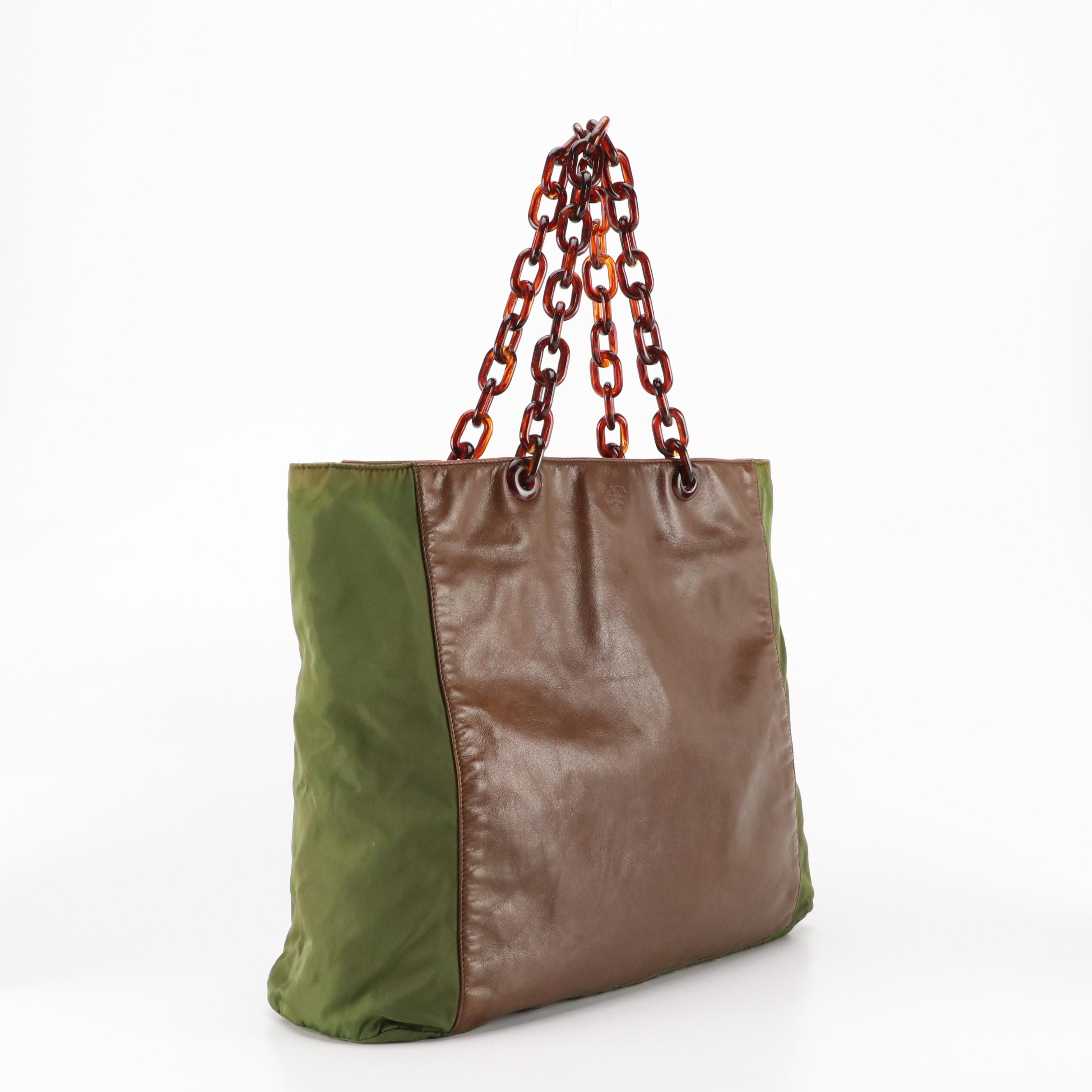 Prada Large Tote in Brown Leather and Olive Green Nylon