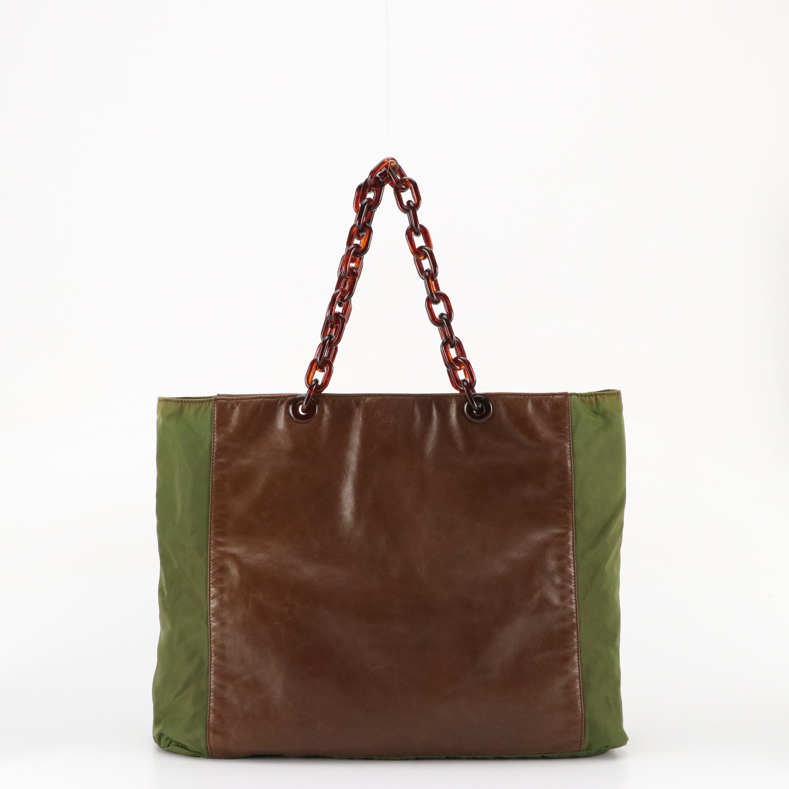 Prada Large Tote in Brown Leather and Olive Green Nylon