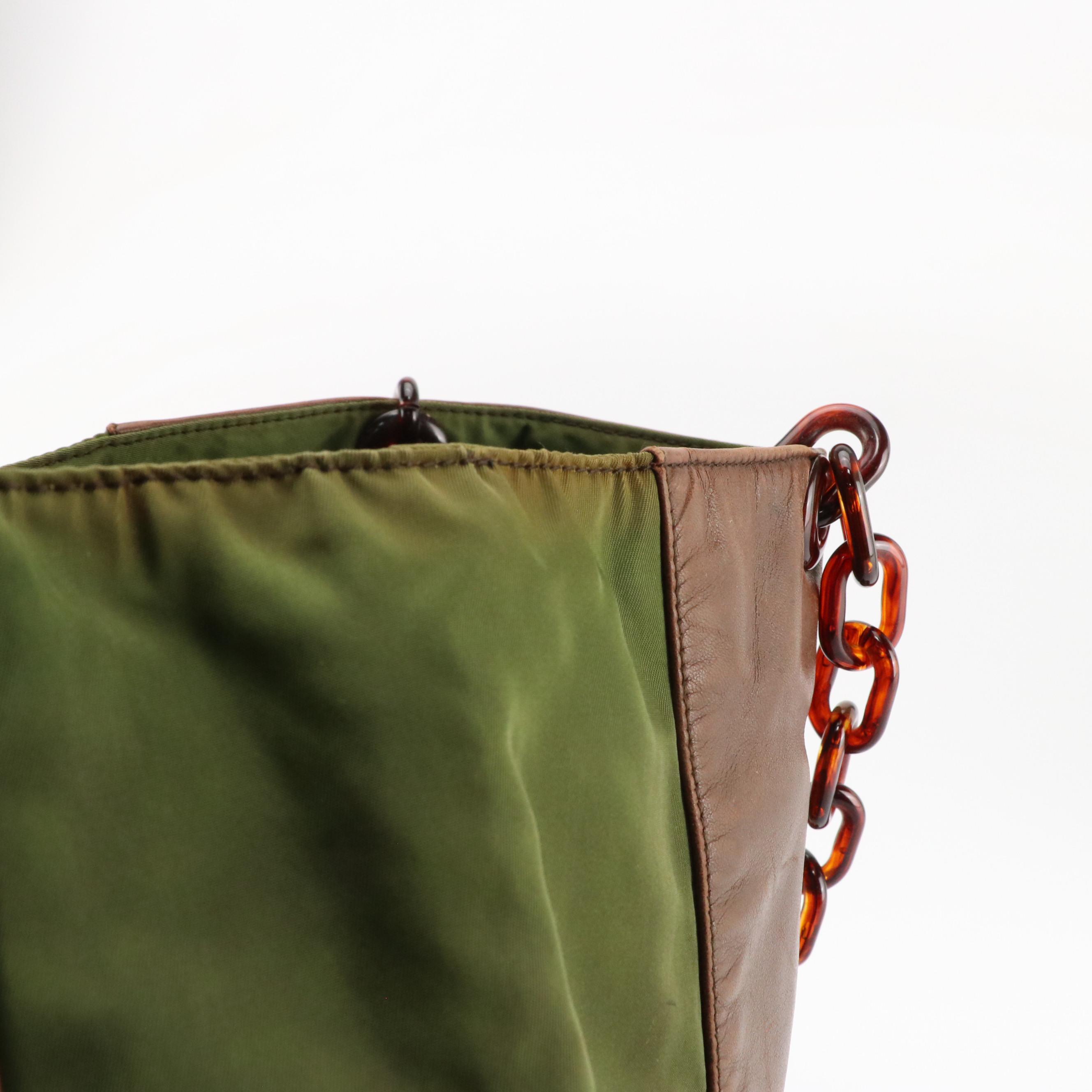 Prada Large Tote in Brown Leather and Olive Green Nylon