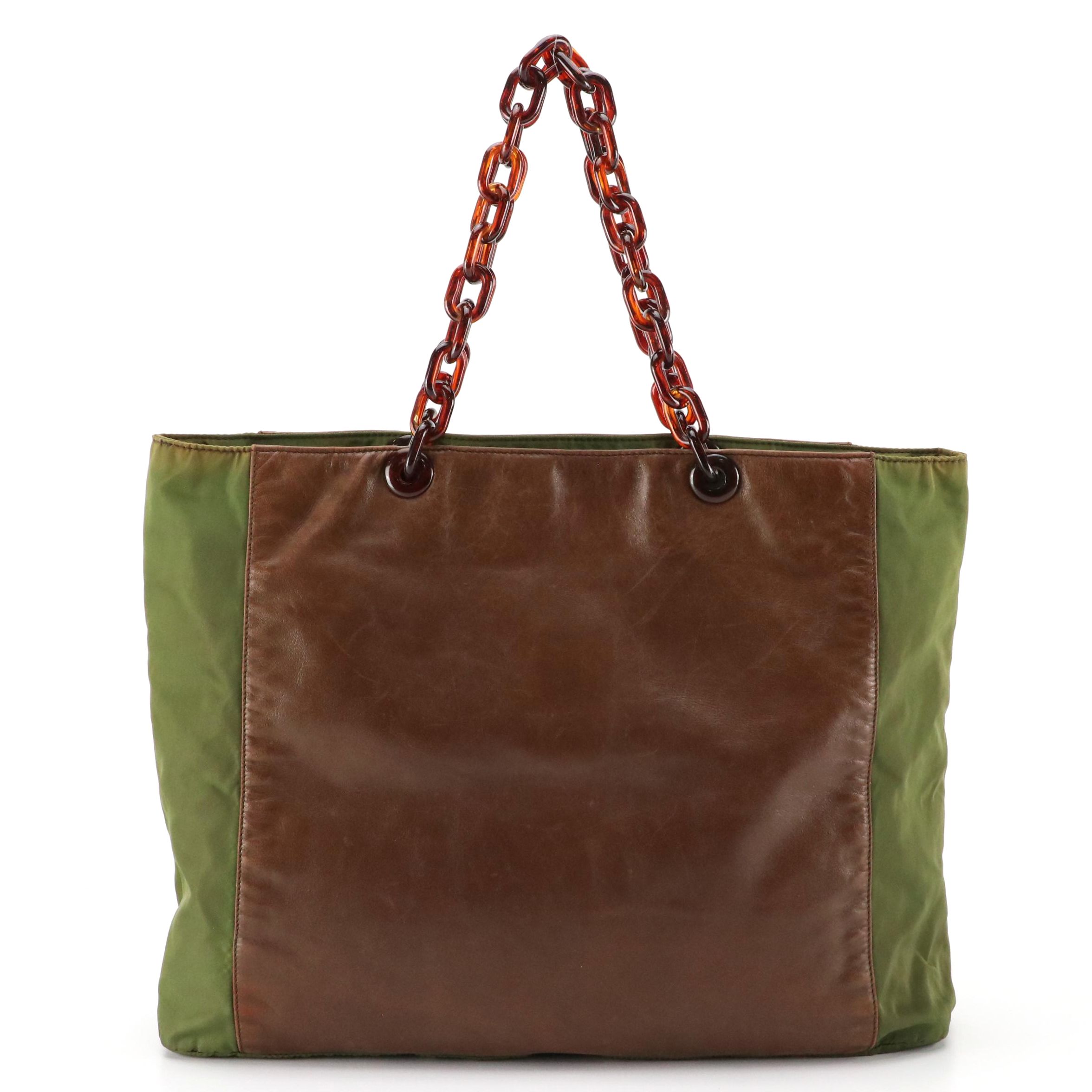 Prada Large Tote in Brown Leather and Olive Green Nylon