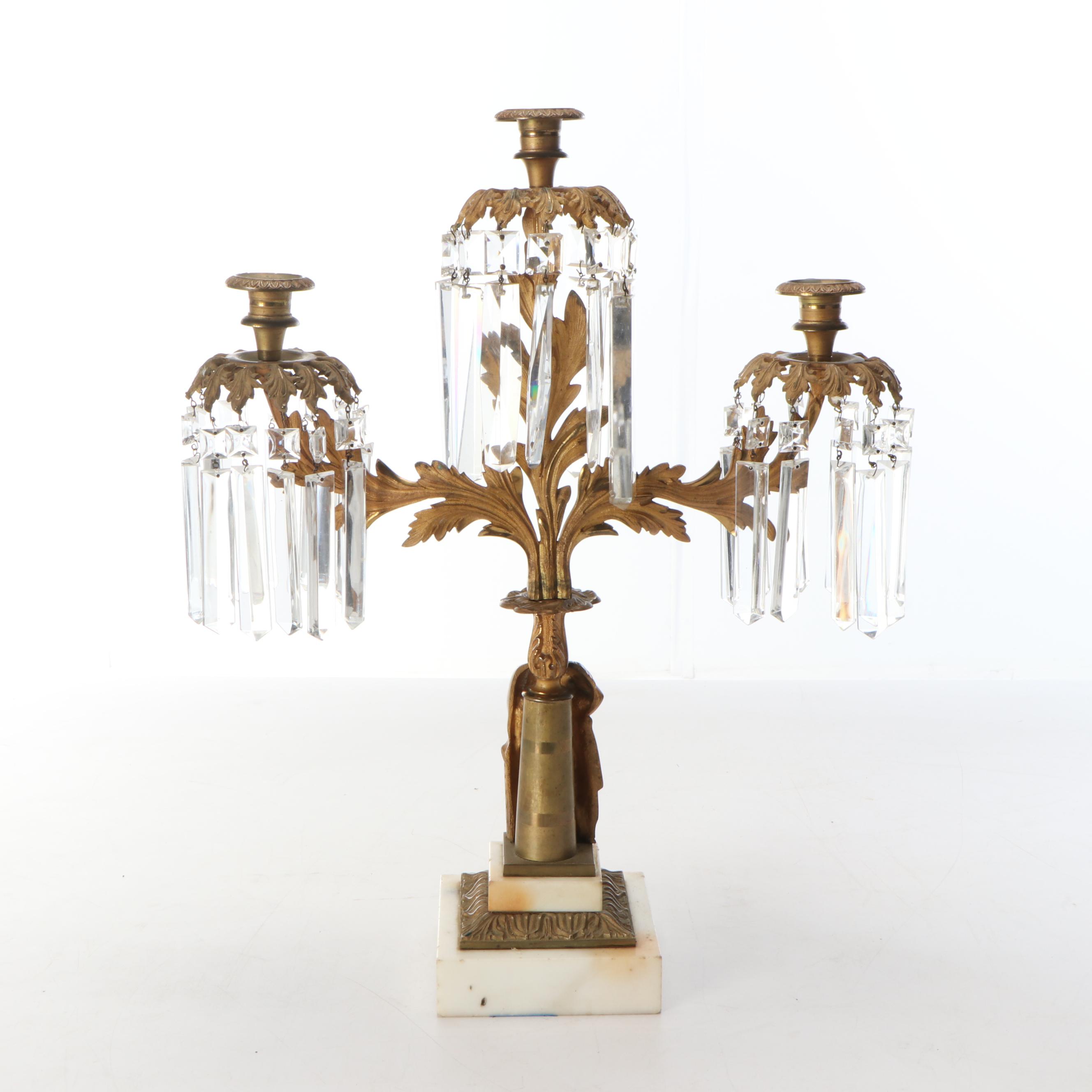 Large 26" Brass Five-Arm Candelabra with Glass Ornamentation and Marble Base