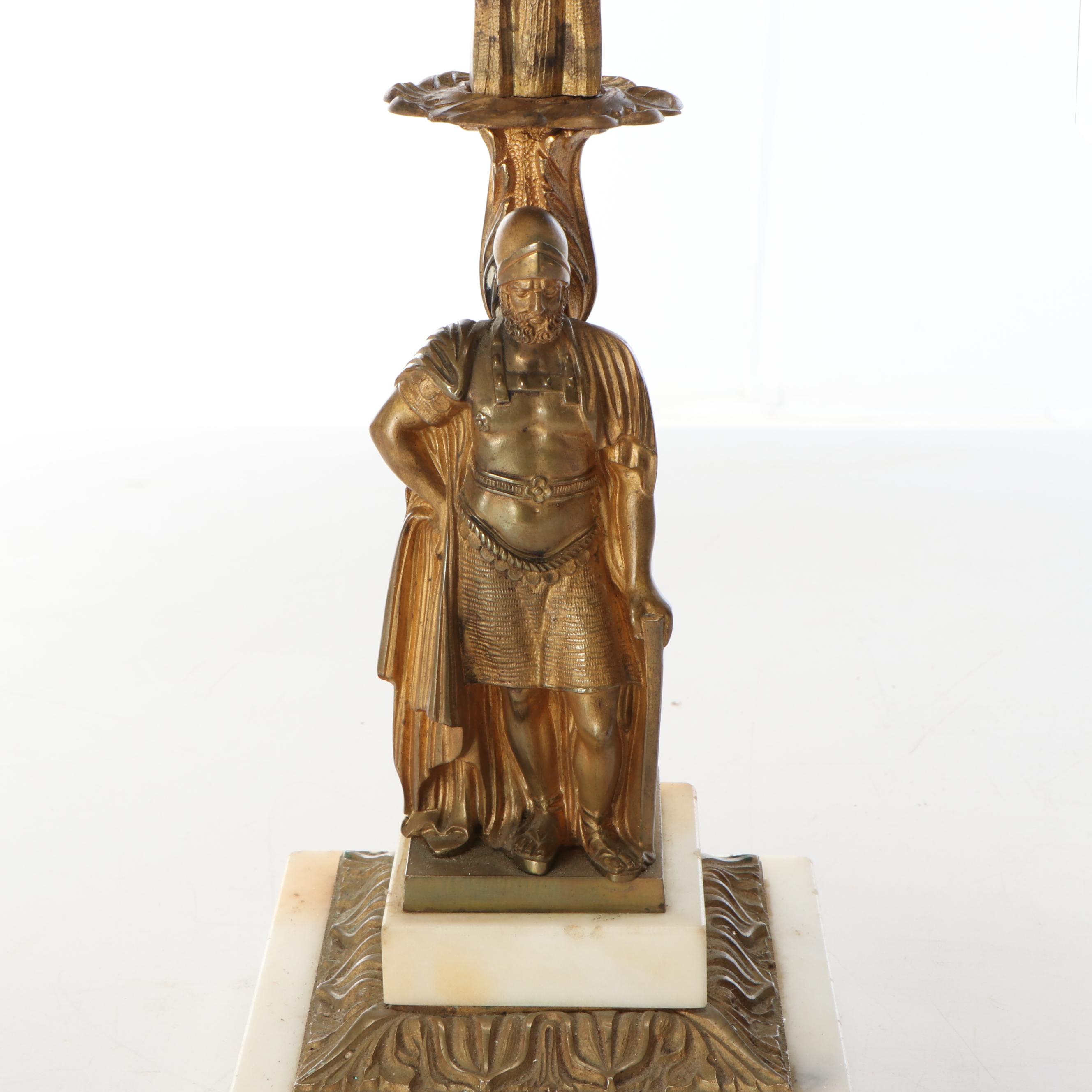 Large 26" Brass Five-Arm Candelabra with Glass Ornamentation and Marble Base