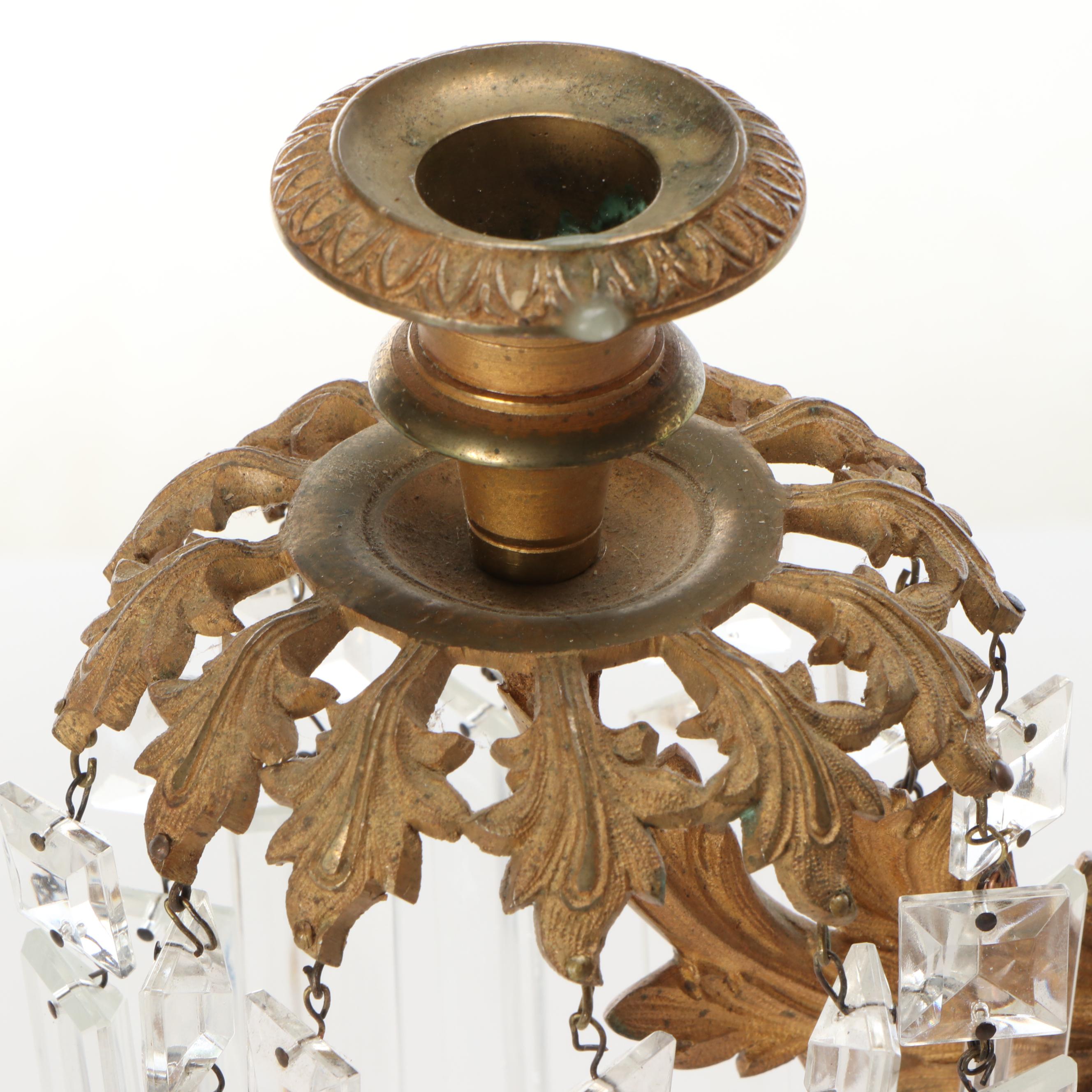 Large 26" Brass Five-Arm Candelabra with Glass Ornamentation and Marble Base