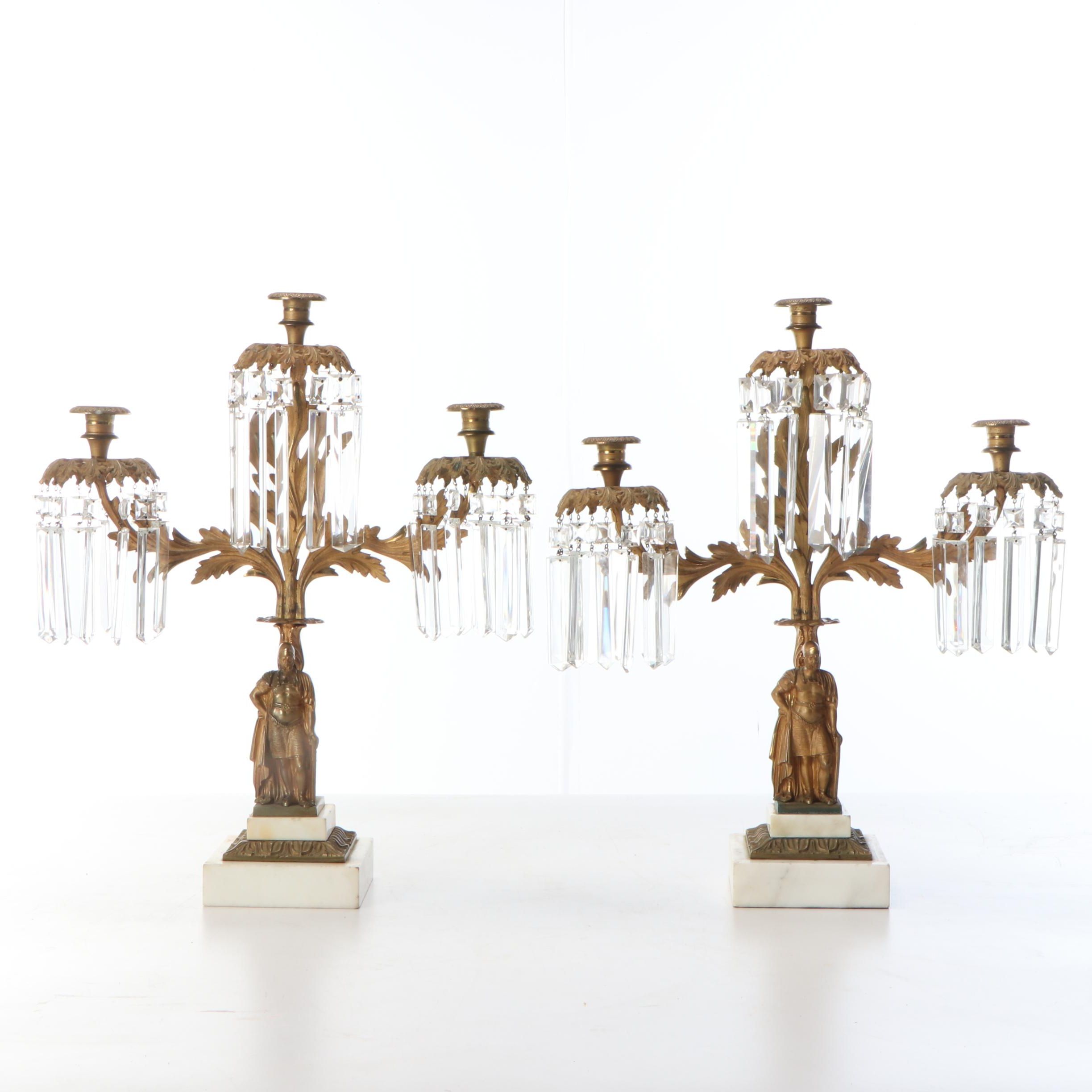 Large 26" Brass Five-Arm Candelabra with Glass Ornamentation and Marble Base