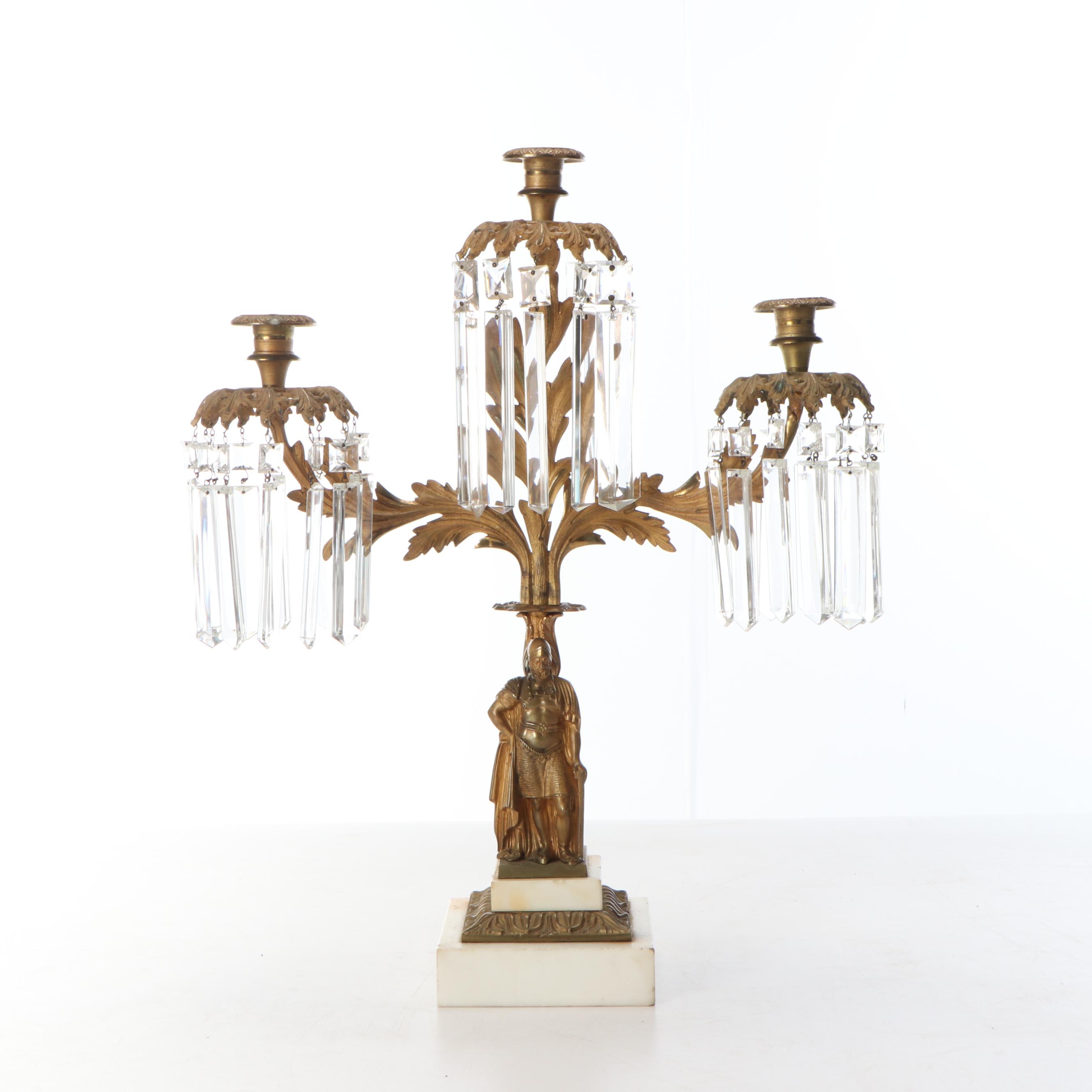 Large 26" Brass Five-Arm Candelabra with Glass Ornamentation and Marble Base