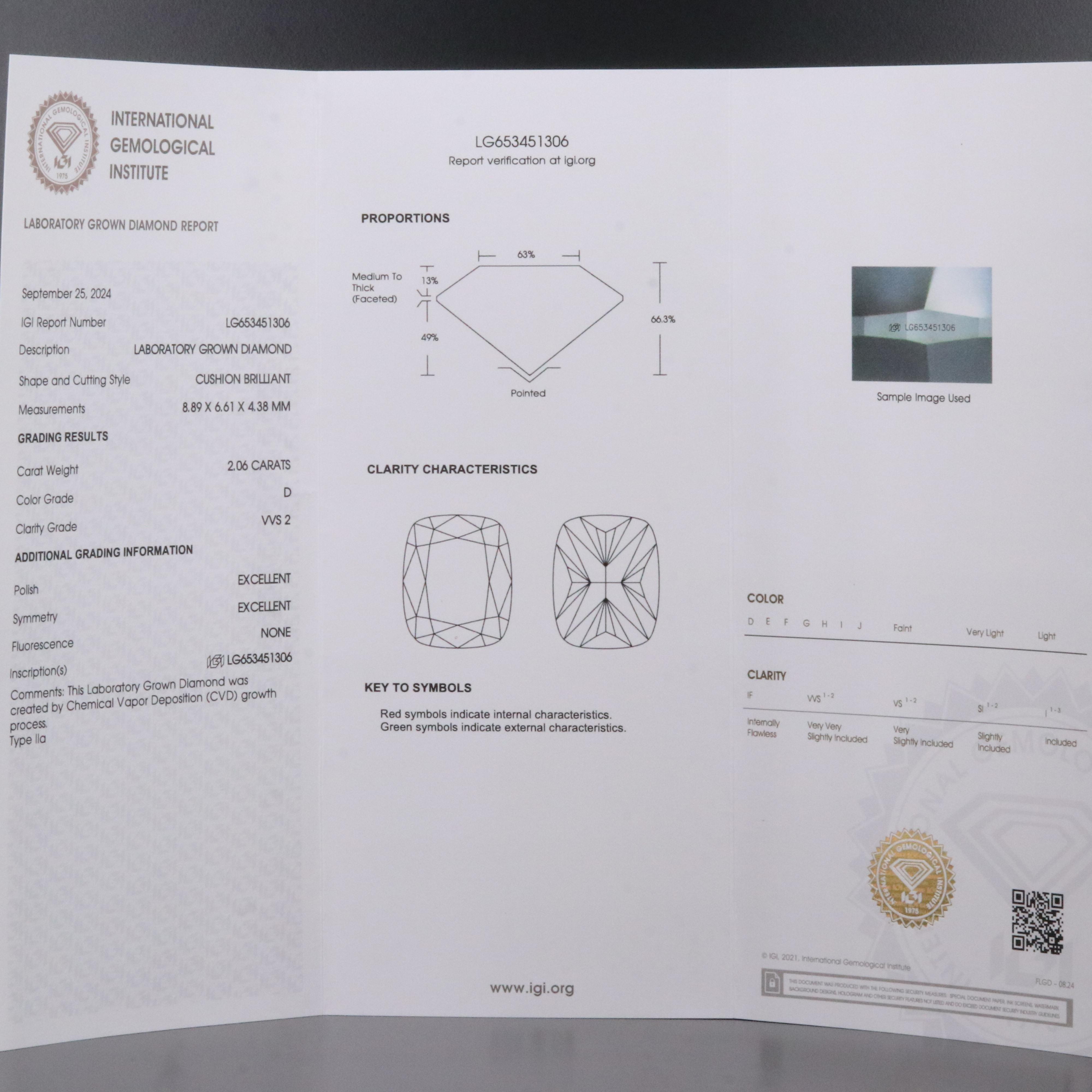 Loose 2.06 CT Lab Grown Diamond with IGI Report